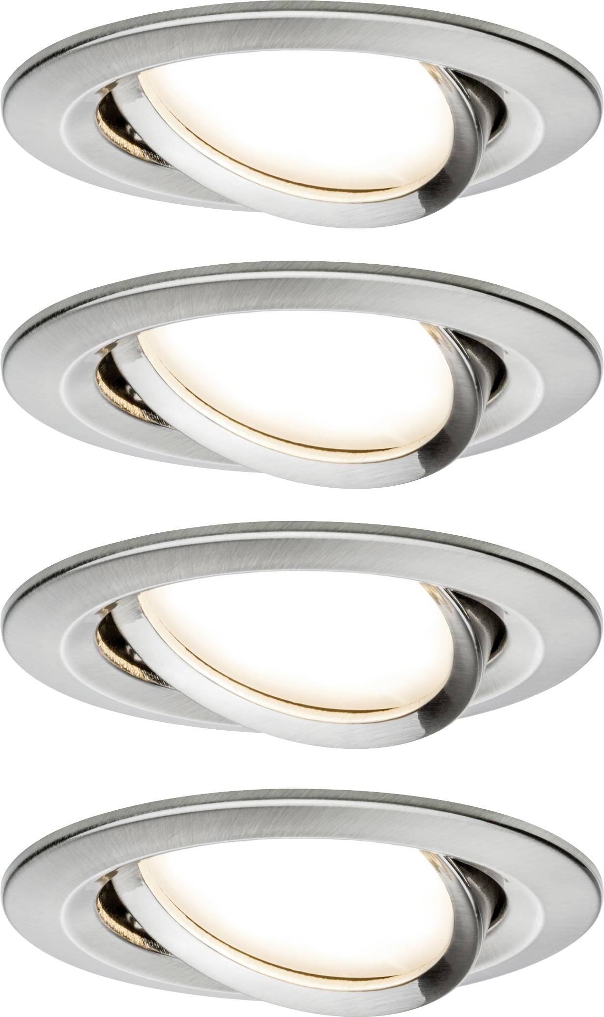 Four round, silver recessed spotlights with adjustable light units, emitting warm white light. They are arranged in a line.