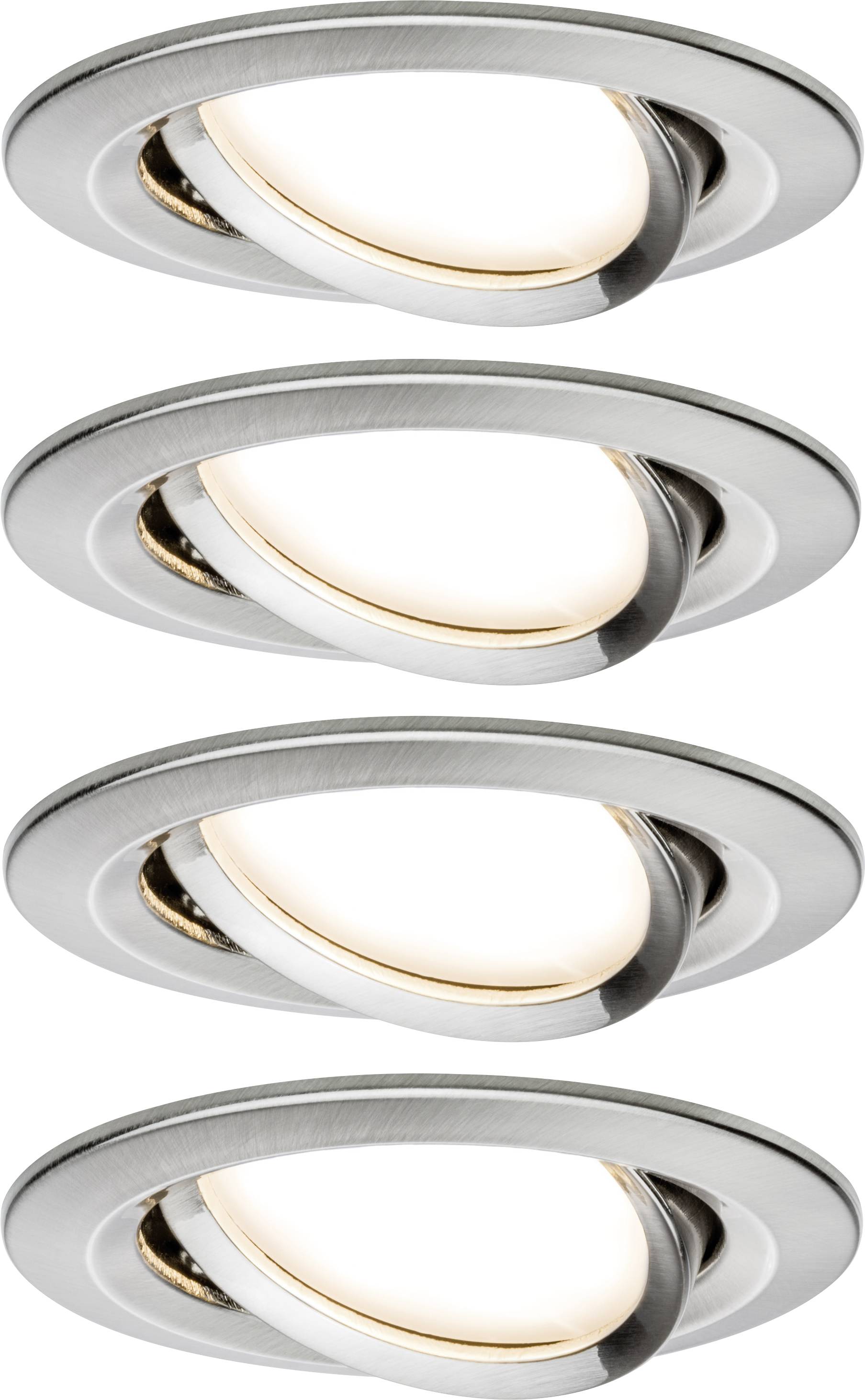 Four round, silver recessed spotlights with adjustable lights, arranged side by side.