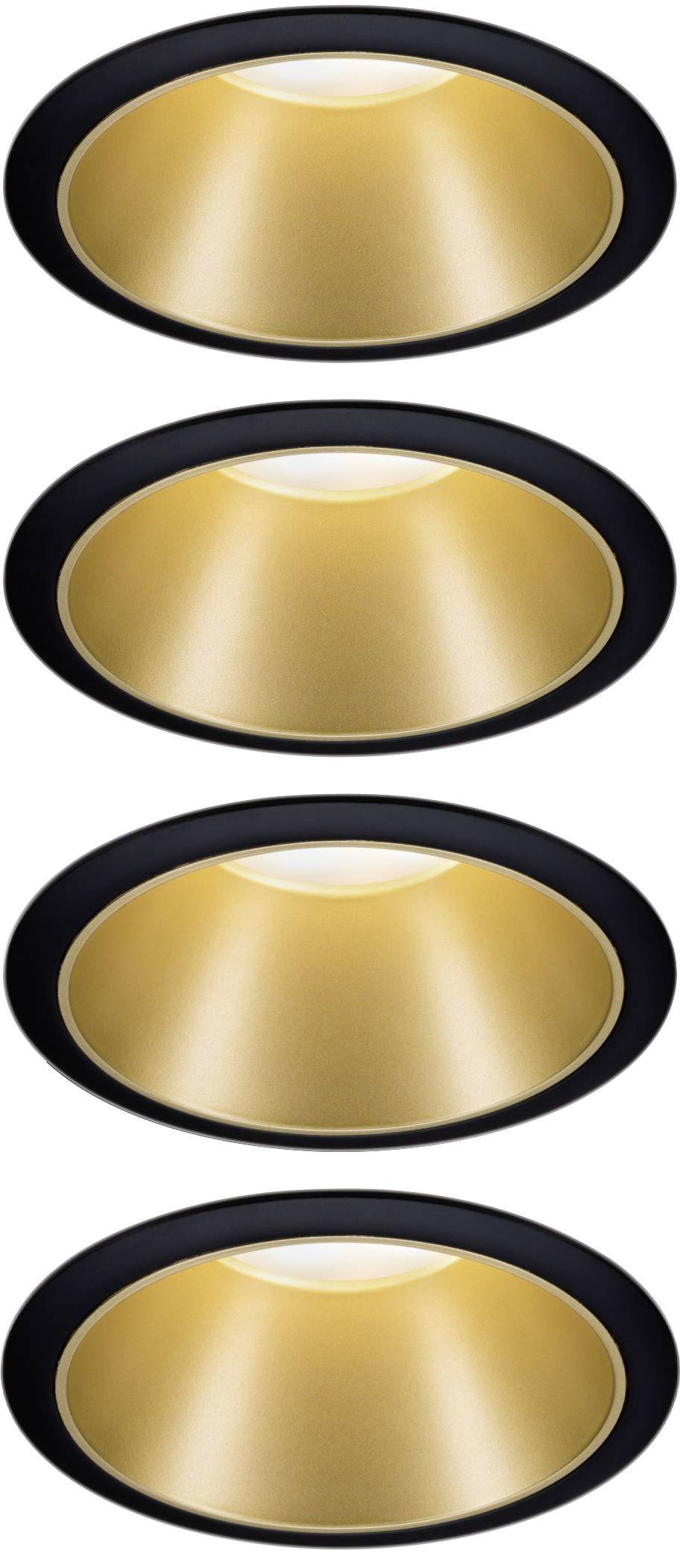 Four round, black recessed spotlights with a golden, reflective inner surface are visible in a vertical arrangement.