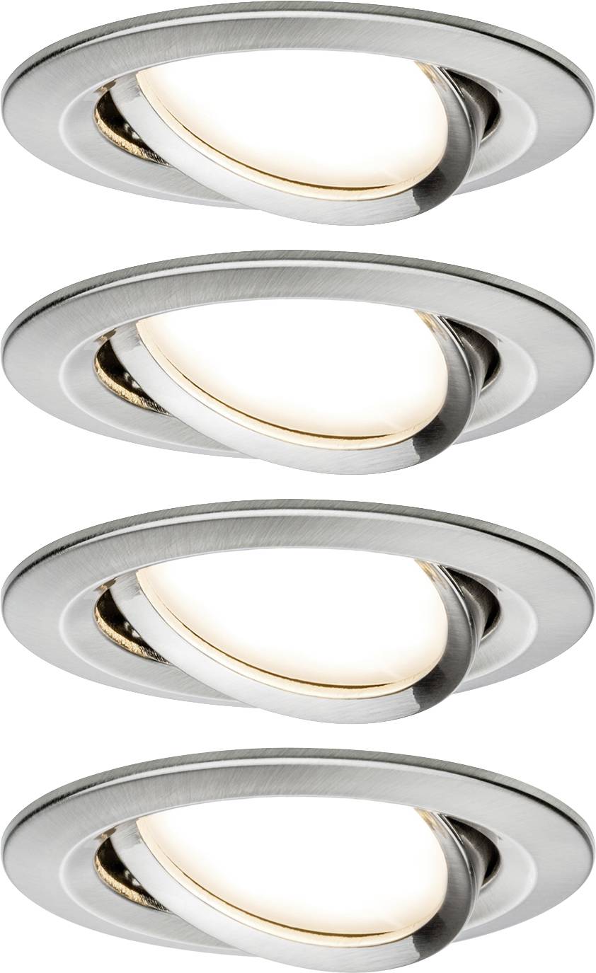 Four round, silver, adjustable recessed ceiling spotlights with LED bulbs. They emit warm white light.