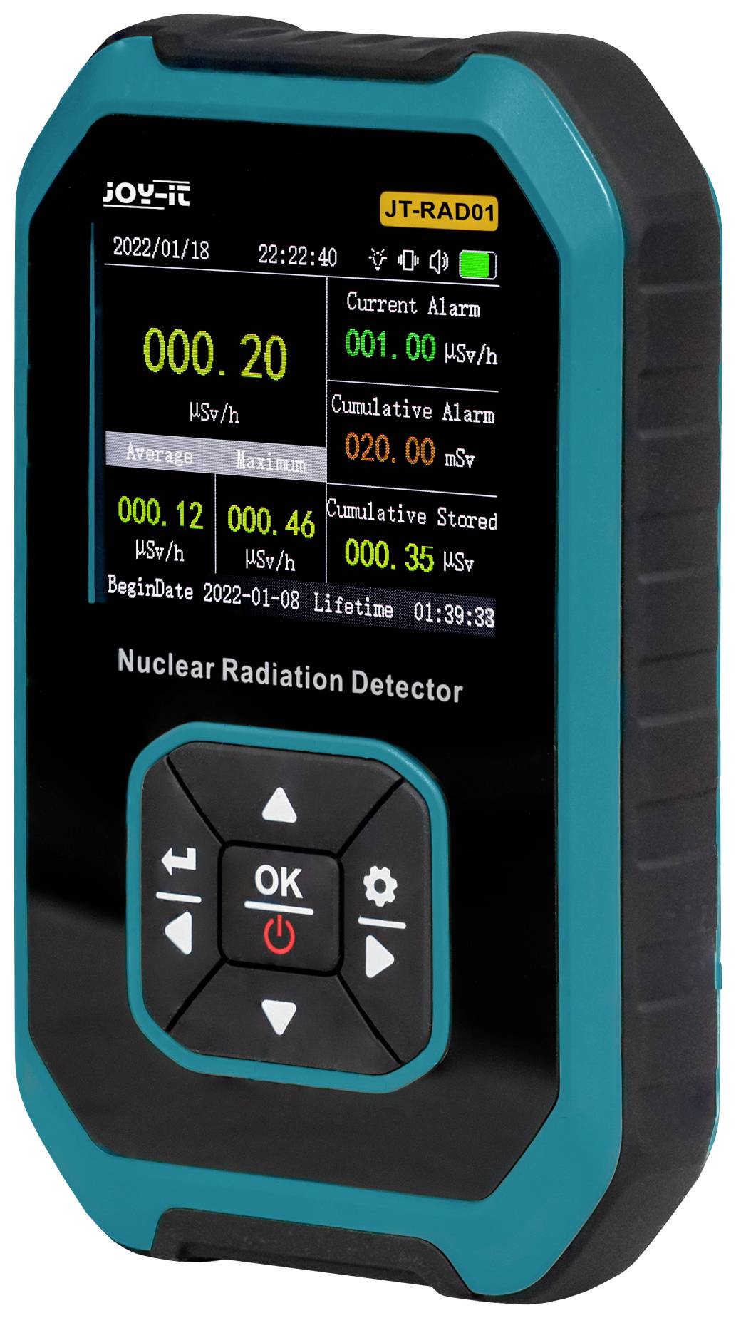 Handheld nuclear radiation detection device with digital display showing measurements: 0.20 µSv/h currently, 0.46 µSv/h average.