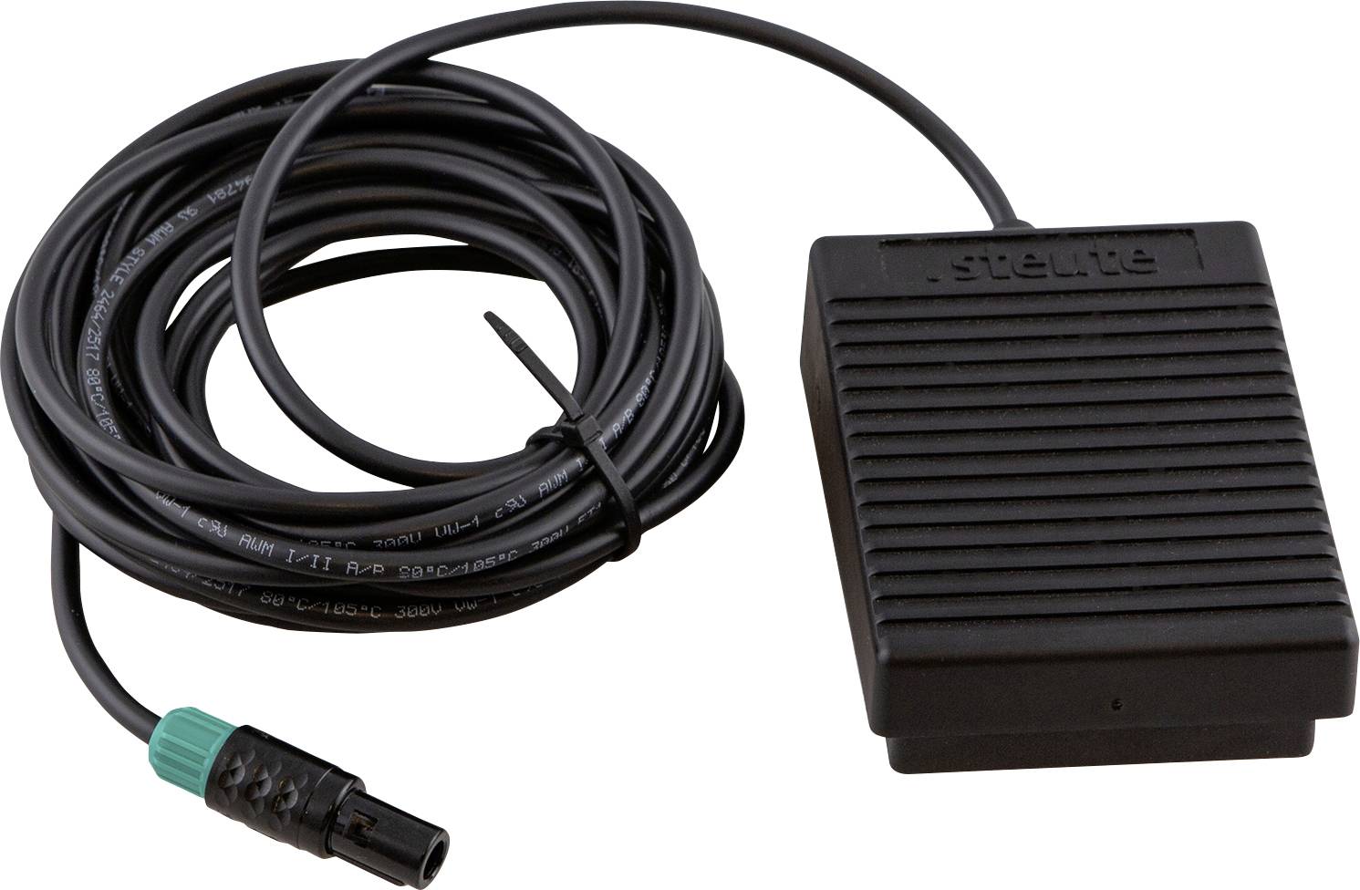 Black foot pedal with a textured surface, long cable with green switch connector, used for controlling machinery.