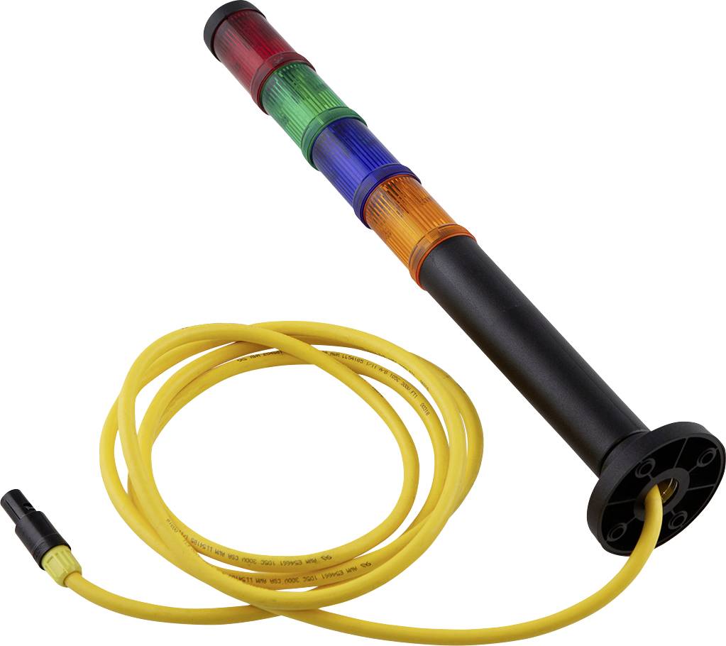 Industrial signal column with four coloured sections (red, blue, green, orange) and yellow cable, used for status indication in industrial settings.
