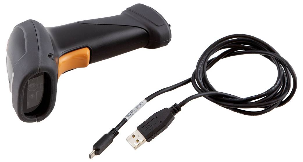 Hand-held barcode scanner with a black casing and orange accent, connected via a USB cable; used for scanning barcodes.