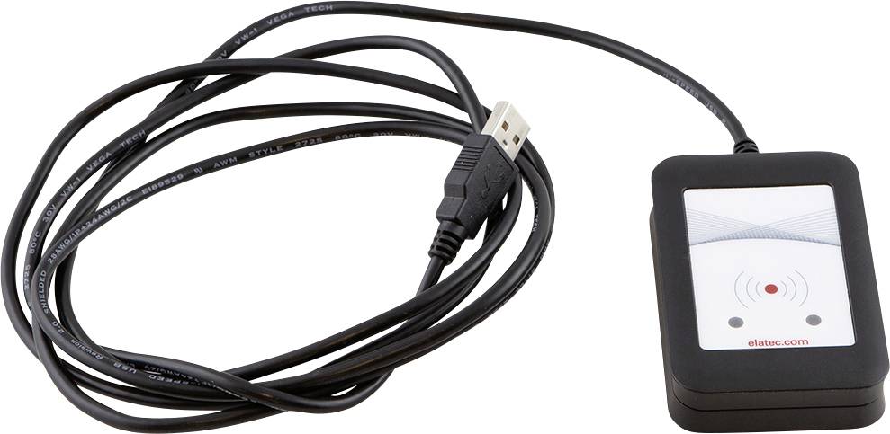 A black RFID card reader with USB cable, suitable for reading RFID chip cards.