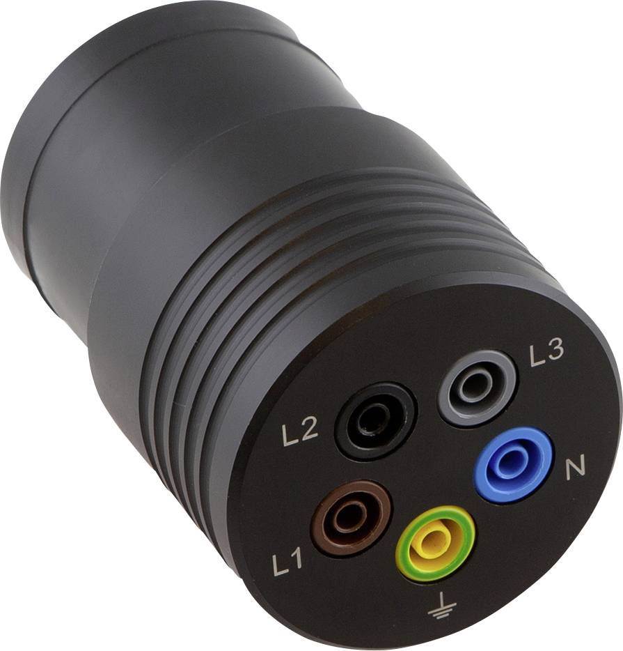 Adapter with five plug connections, colour-coded and labelled as 'L1', 'L2', 'L3', 'N' and earth symbol.