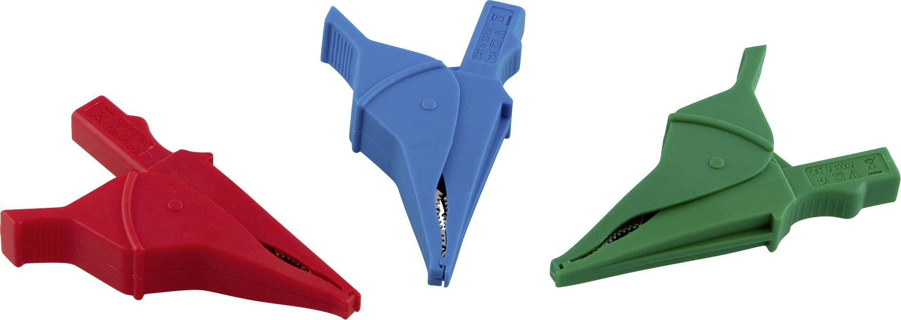 Three isolated crocodile clips in red, blue and green. They are made of plastic and suitable for electrical connections.