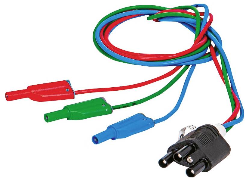 Three coloured cables with connectors: Red, Green, Blue. Each cable terminates in an identical black 3-pin socket.