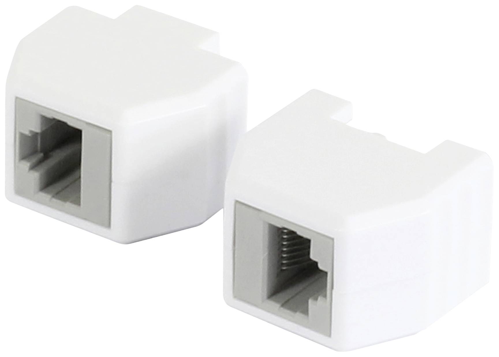 Two white RJ45 network adapters, left and right profile, for connecting Ethernet cables in network systems.