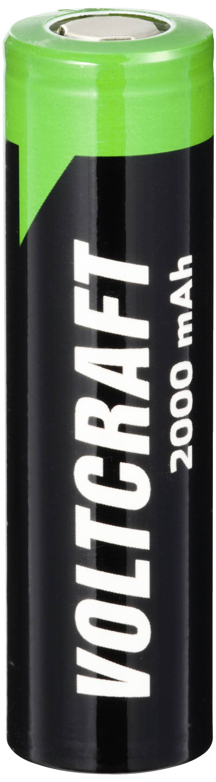 Black AA battery with a green accent, white inscription 'Voltcraft 2000 mAh', symbolises a rechargeable energy source.