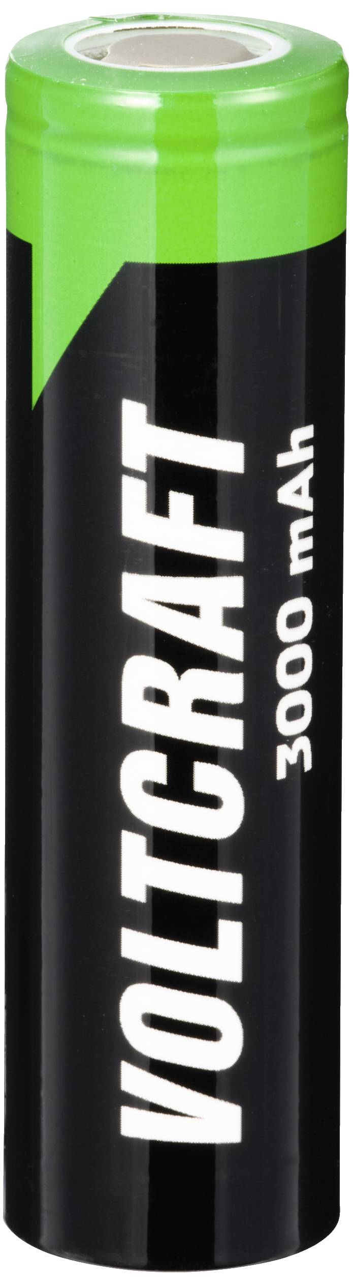 A black battery with a green tip, marked with 'VOLTCRAFT 3000 mAh'.