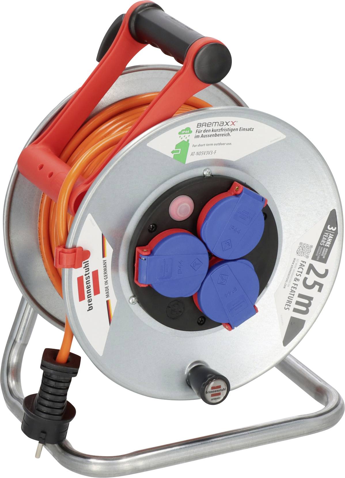 Portable cable reel with orange extension cord, red handle, and three blue socket covers; labeled 25 m and 3 sockets.
