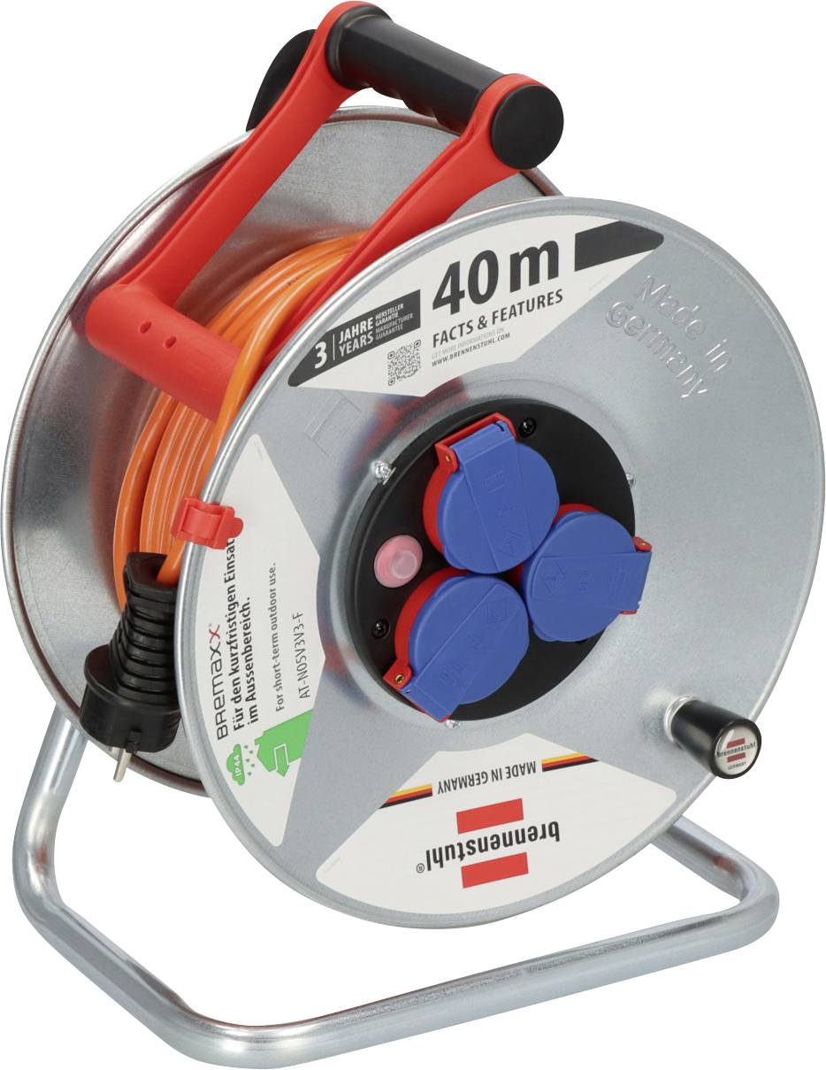 Portable 40 m cable reel with handle, three blue socket covers, and coiled orange extension lead on a metal stand.