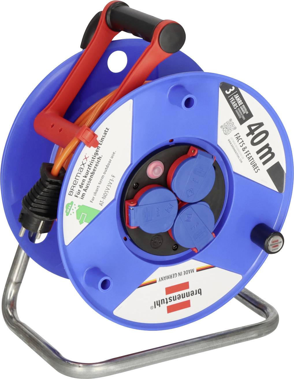 Blue portable cable reel with red handle and three blue power outlets, labeled 40m on a metal stand.