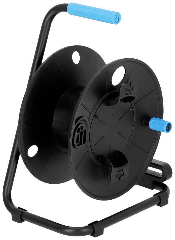 A blank, black cable drum with a blue handle stands upright on a metal frame.