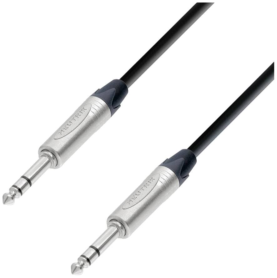Two black audio cables with silver-coloured plugs. Both plugs are configured as 6.35 mm jack connectors.
