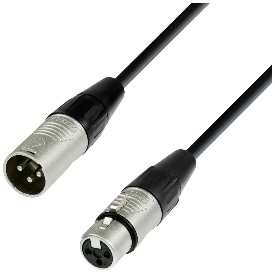 XLR cable, with male and female connectors, used for connecting audio equipment, typical in sound studios or on stage.