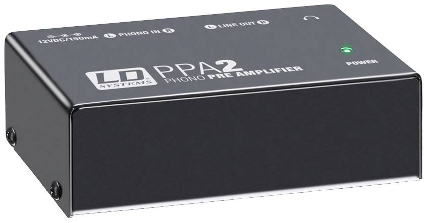 A black phono pre-amplifier with the inscription 'PPA 2', a green power indicator light, and connections for line-out and phono-in.