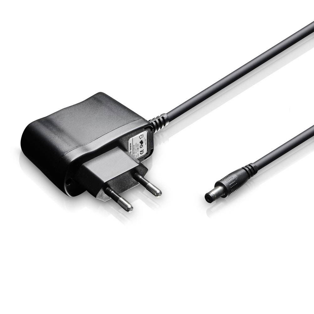 A black mains charger with a detachable cable on a white background, suitable for charging electronic devices.