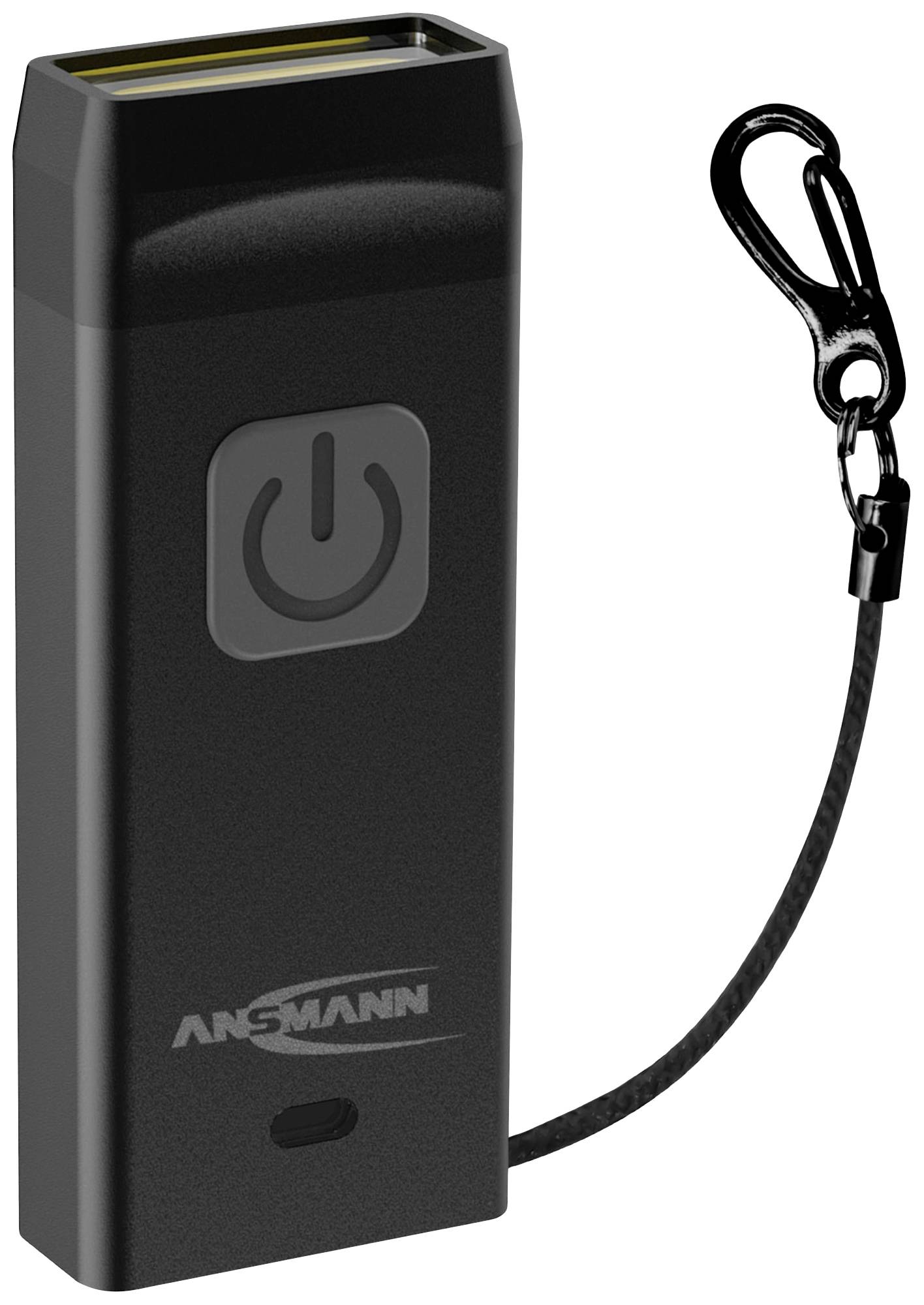 Compact black power bank with toggle switch and carabiner hook for attachment. Perfect for charging devices on the go.