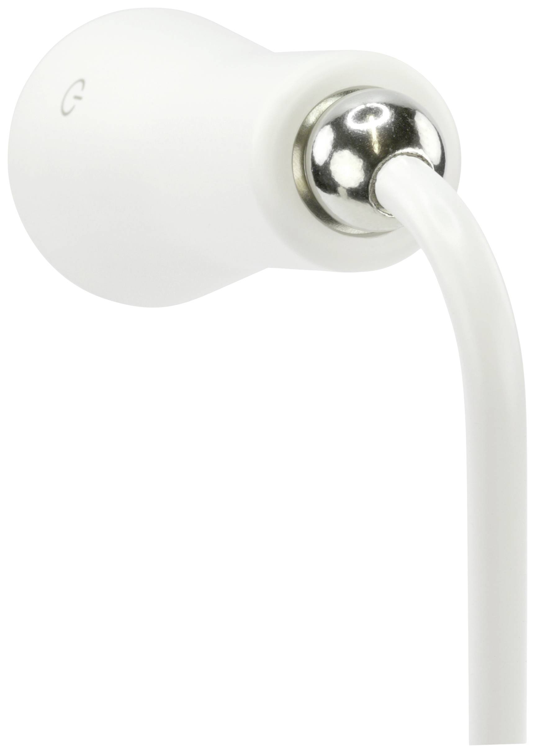 White earphone with a rounded housing and silver accent at the cable connection, shown against a neutral background.