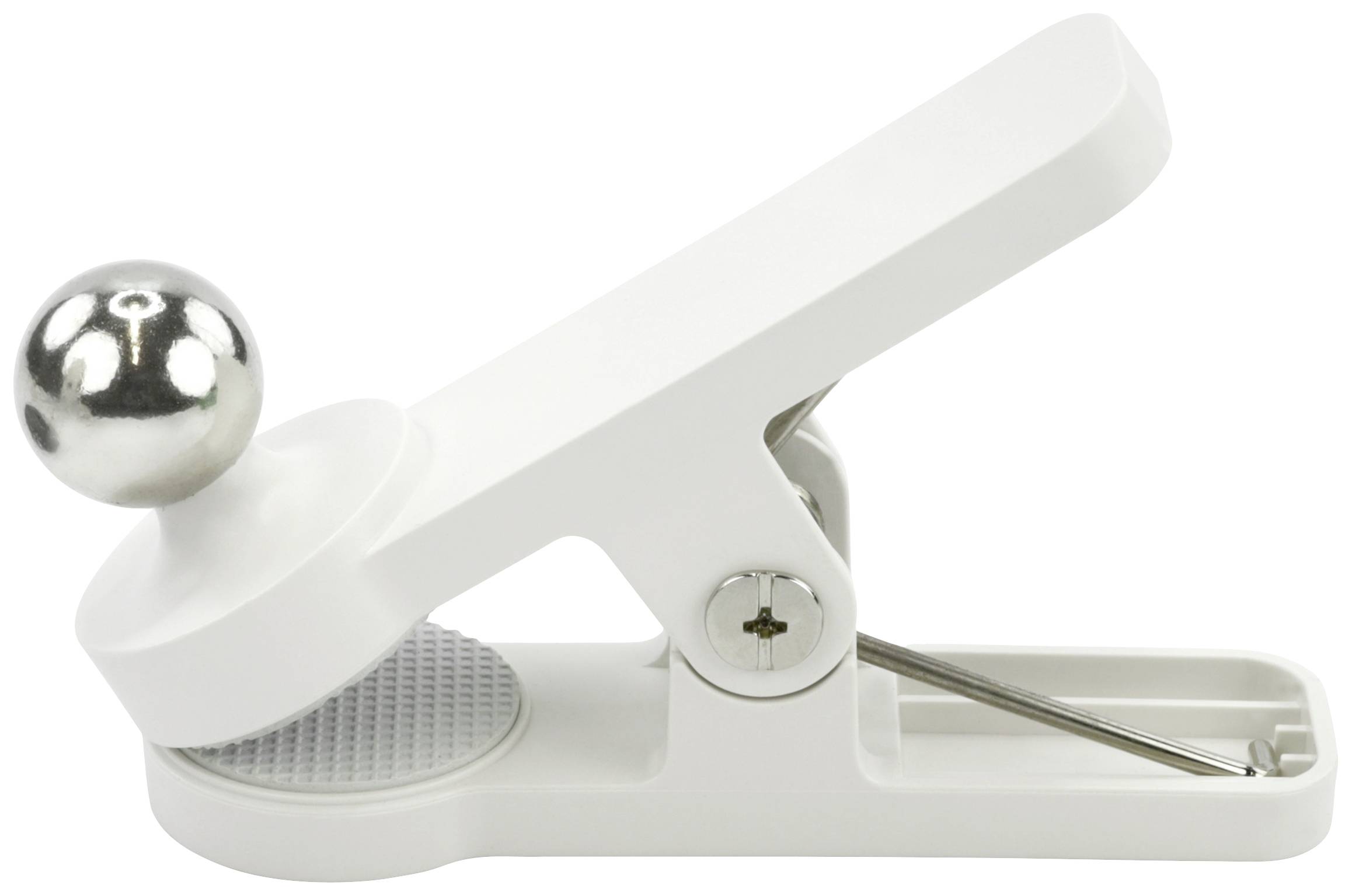 A white, plastic hand tool for removing cherry stones; it has a round metal point and a lever mechanism.