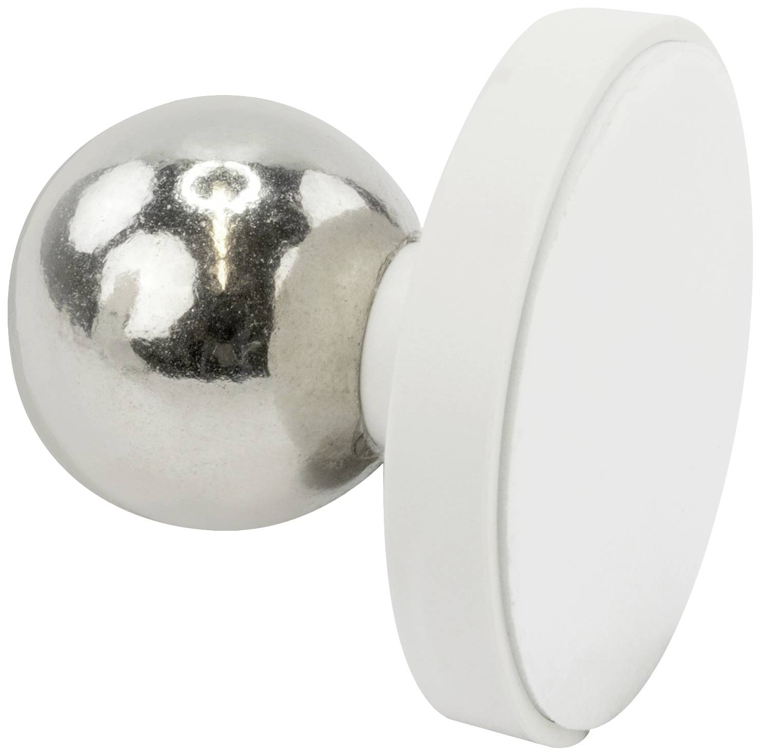 Magnet with a spherical, shiny metal handle and a flat, white reverse side. Suitable for attachment to metallic surfaces.