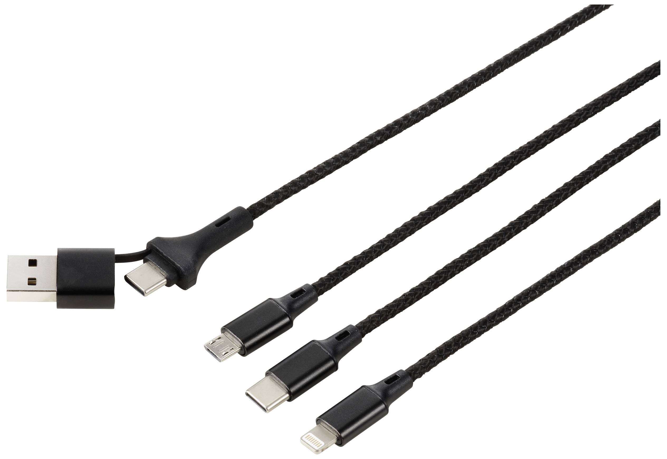 A USB charging cable with four different plug types: USB-C, micro-USB and Lightning. Ideal for charging various devices.