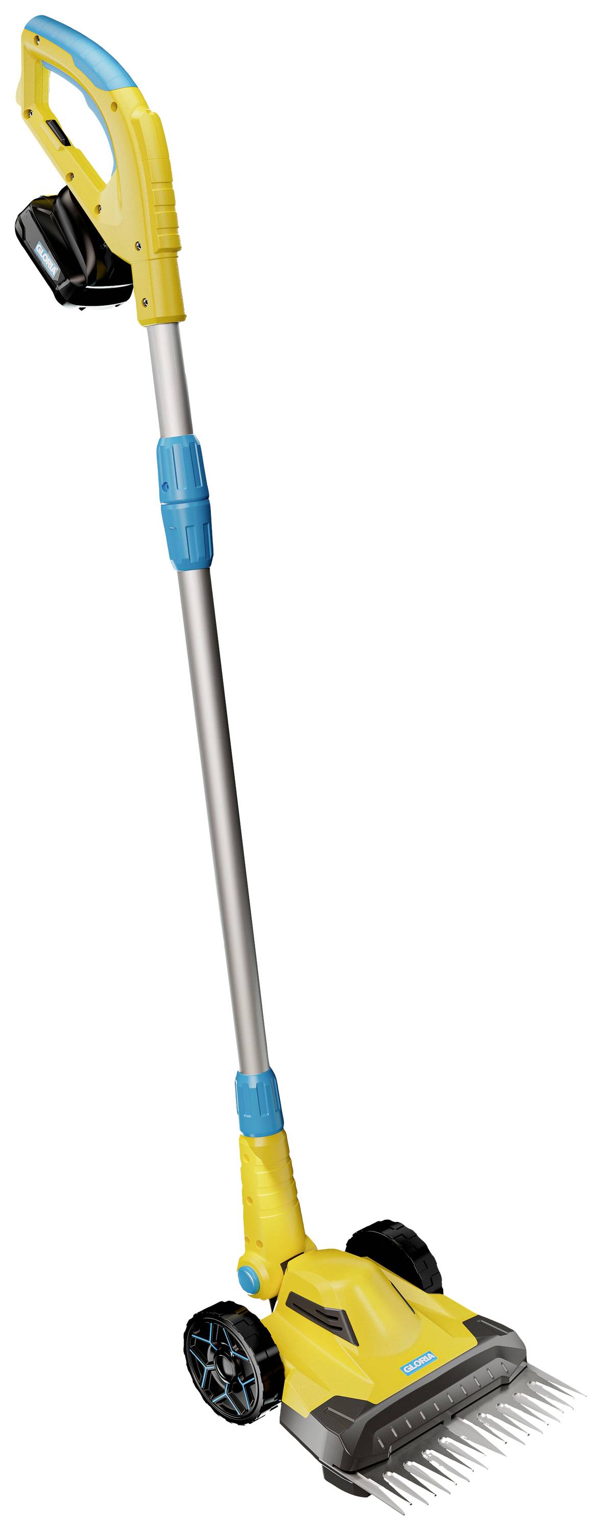Yellow and blue electric garden rake with long handle, two wheels and a battery compartment, suitable for lawn care.