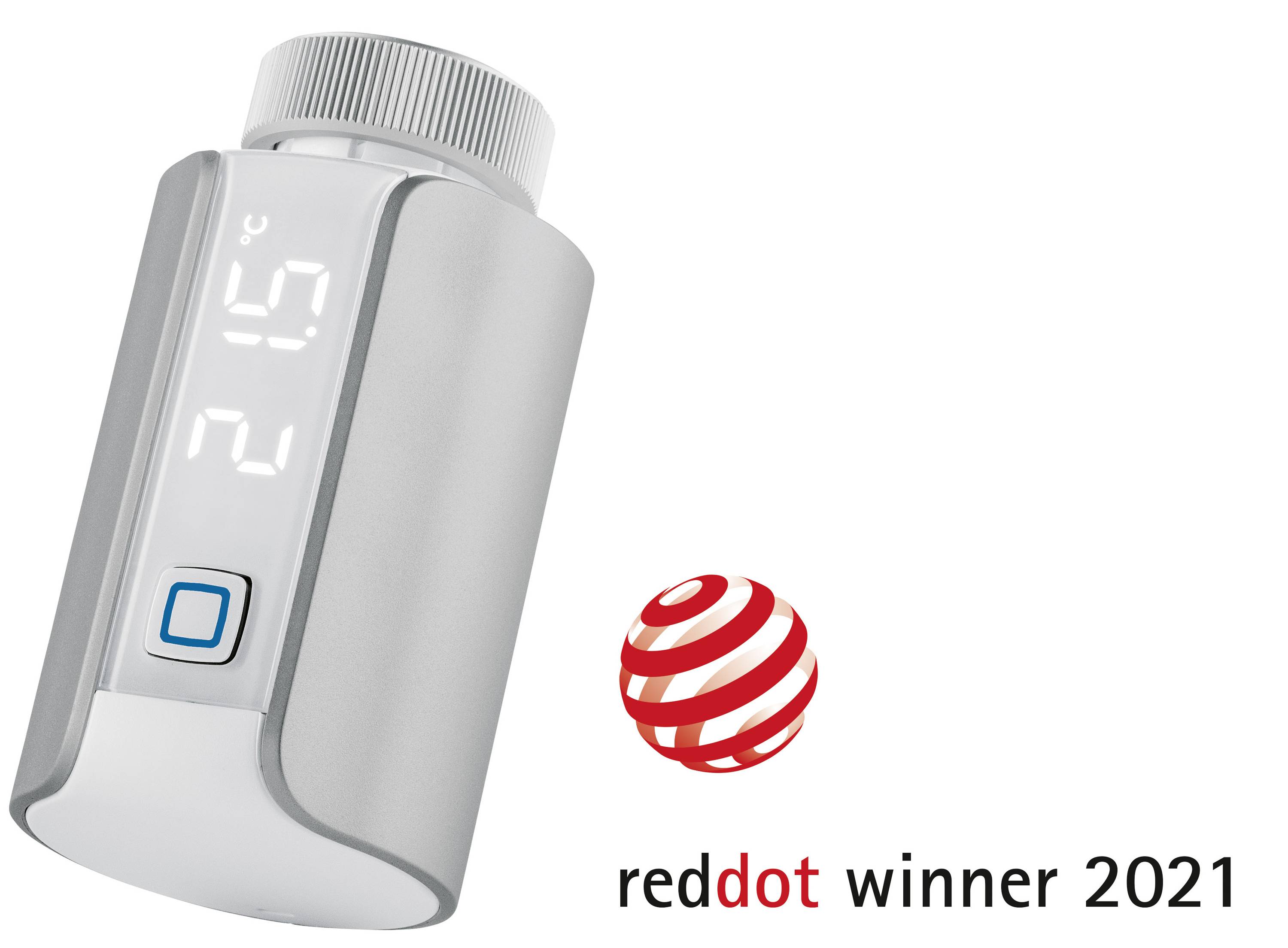A silver medication dispenser with a digital display, beside it a red dot and the text 'red dot winner 2021'.