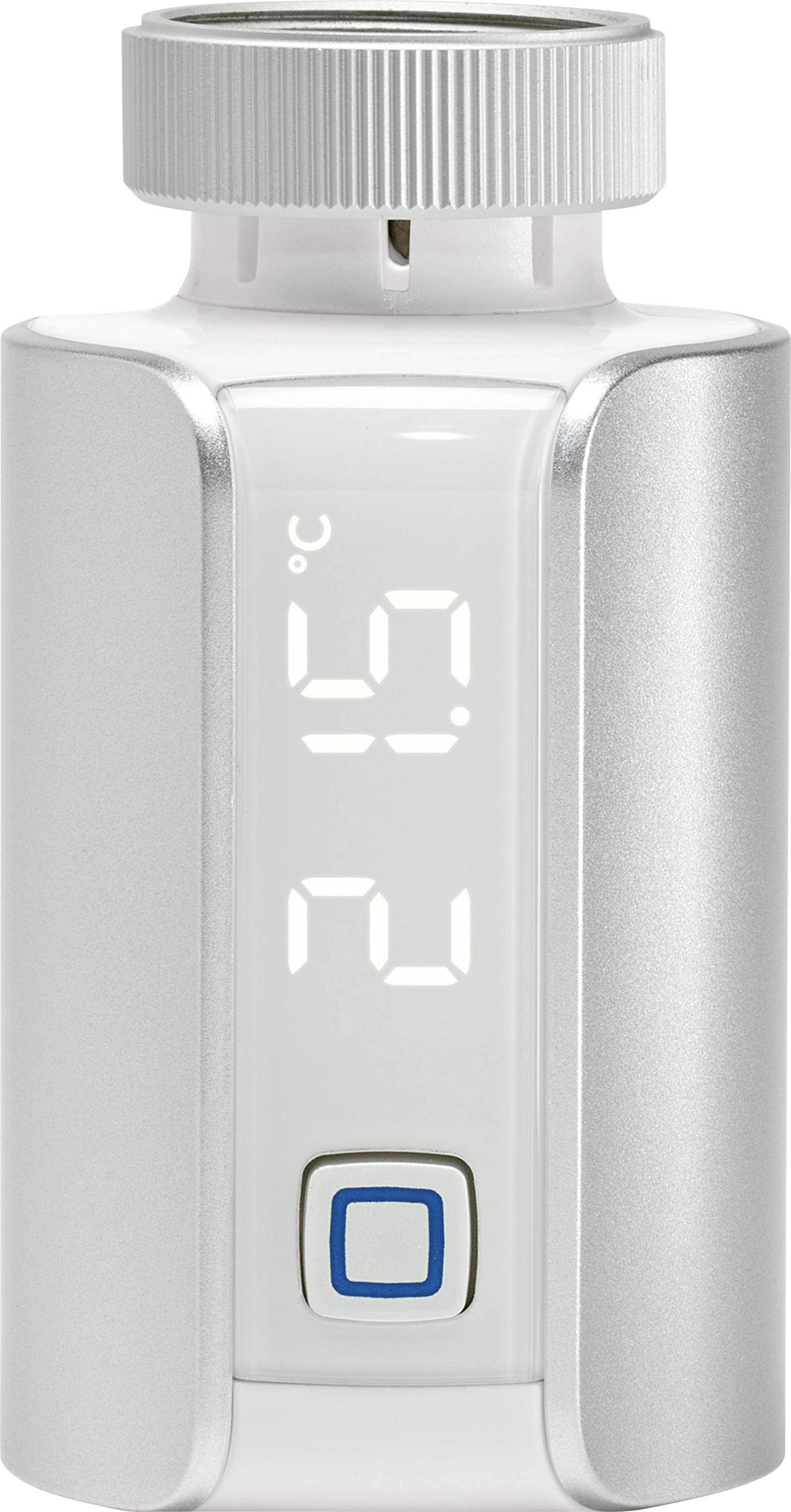 Digital thermostat valve head showing a 21.5°C readout and a single blue-button control on a silver device.