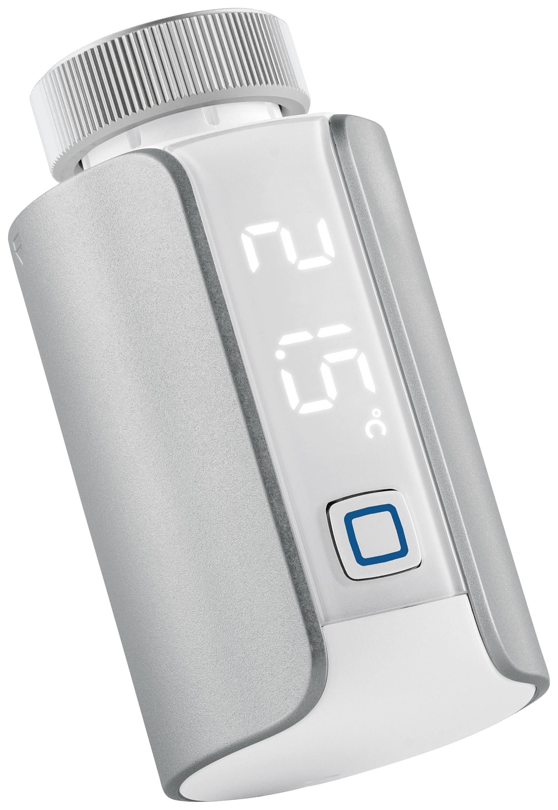 Intelligent radiator thermostat with LED display showing 21.5°C. Housing in a silver-white design, user control via button press.