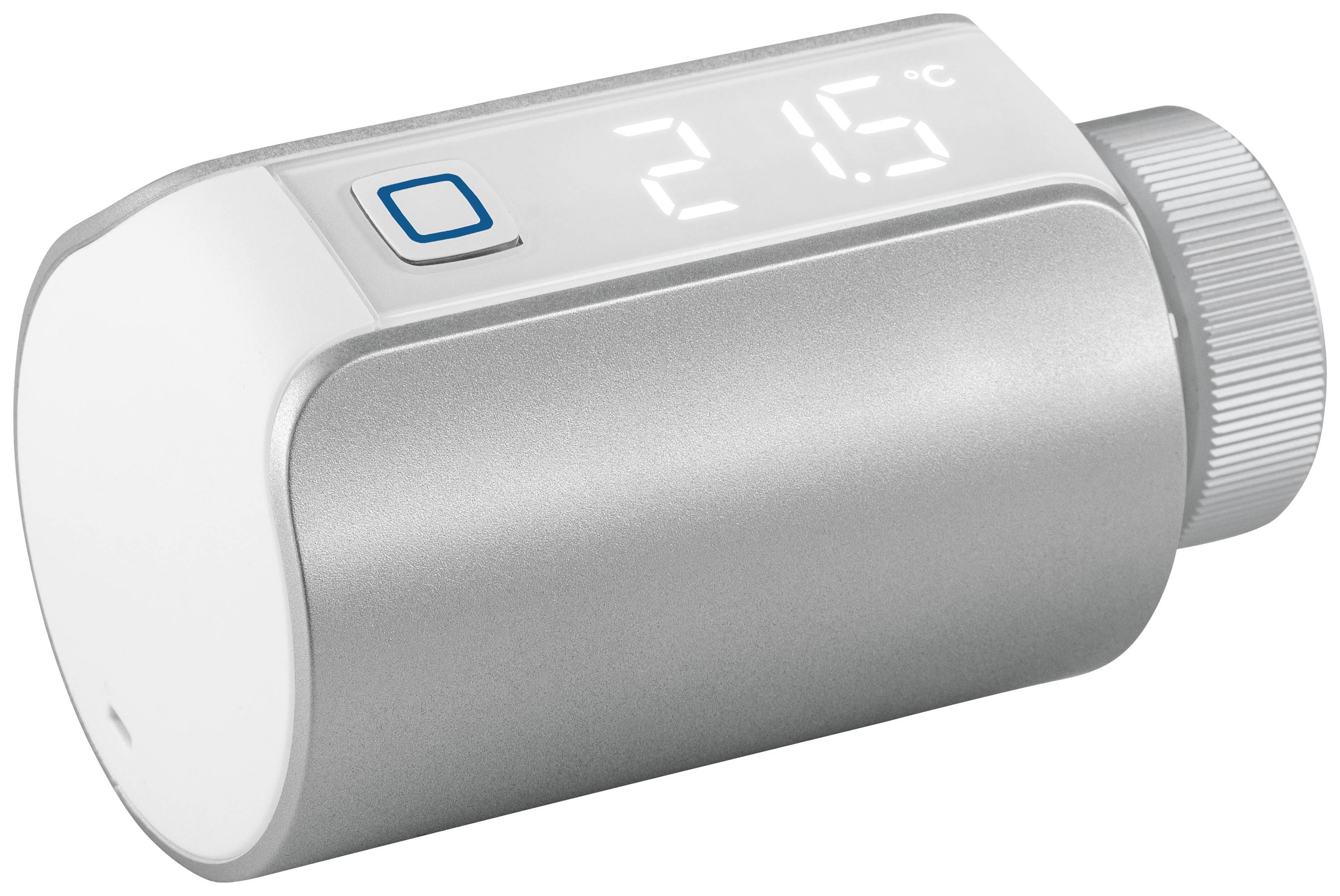 Digital thermostat with display '21.5°C', silver casing and control dial, suitable for temperature regulation in rooms.