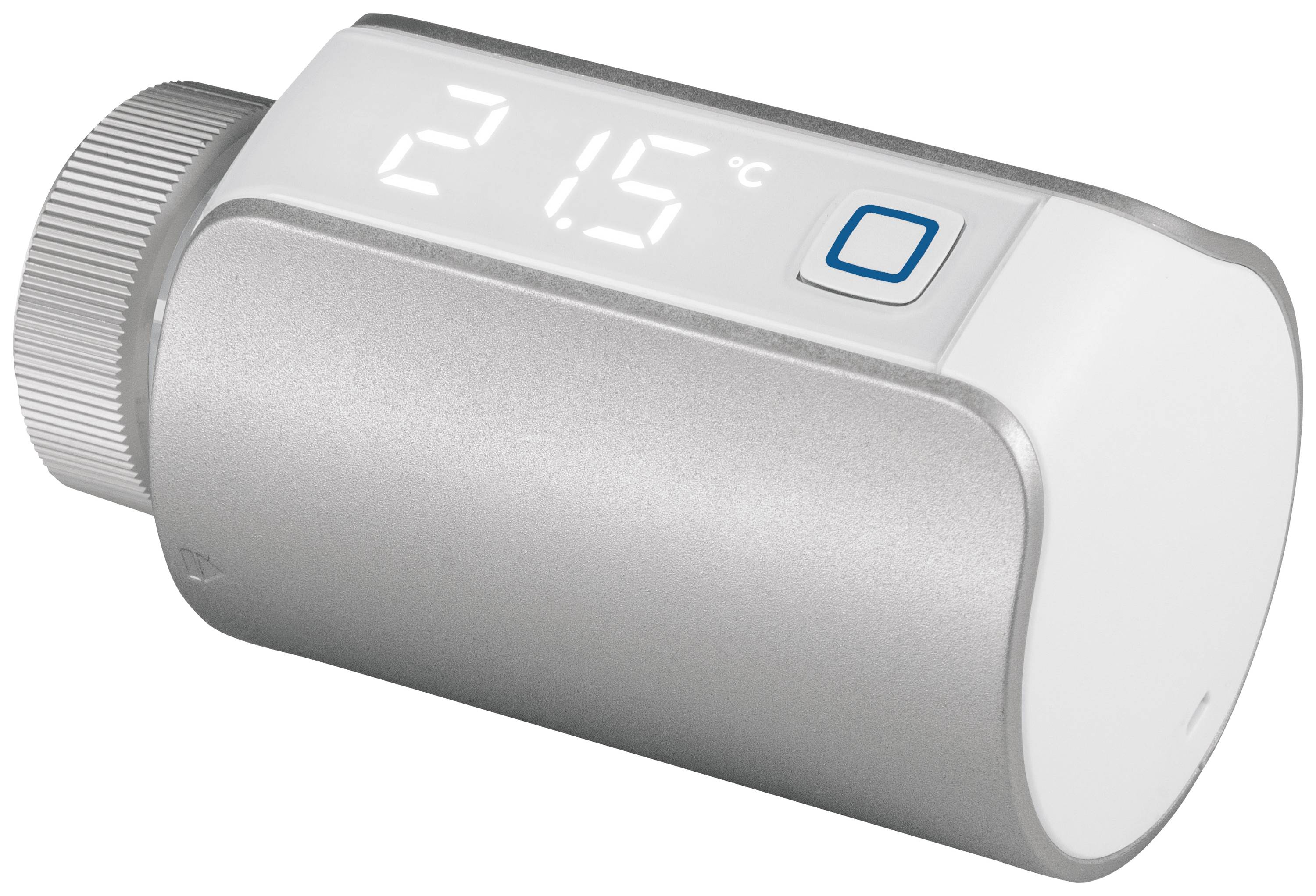 A digital thermostat valve displays a temperature of 21.5 °C. The device has a modern, silver-white design.