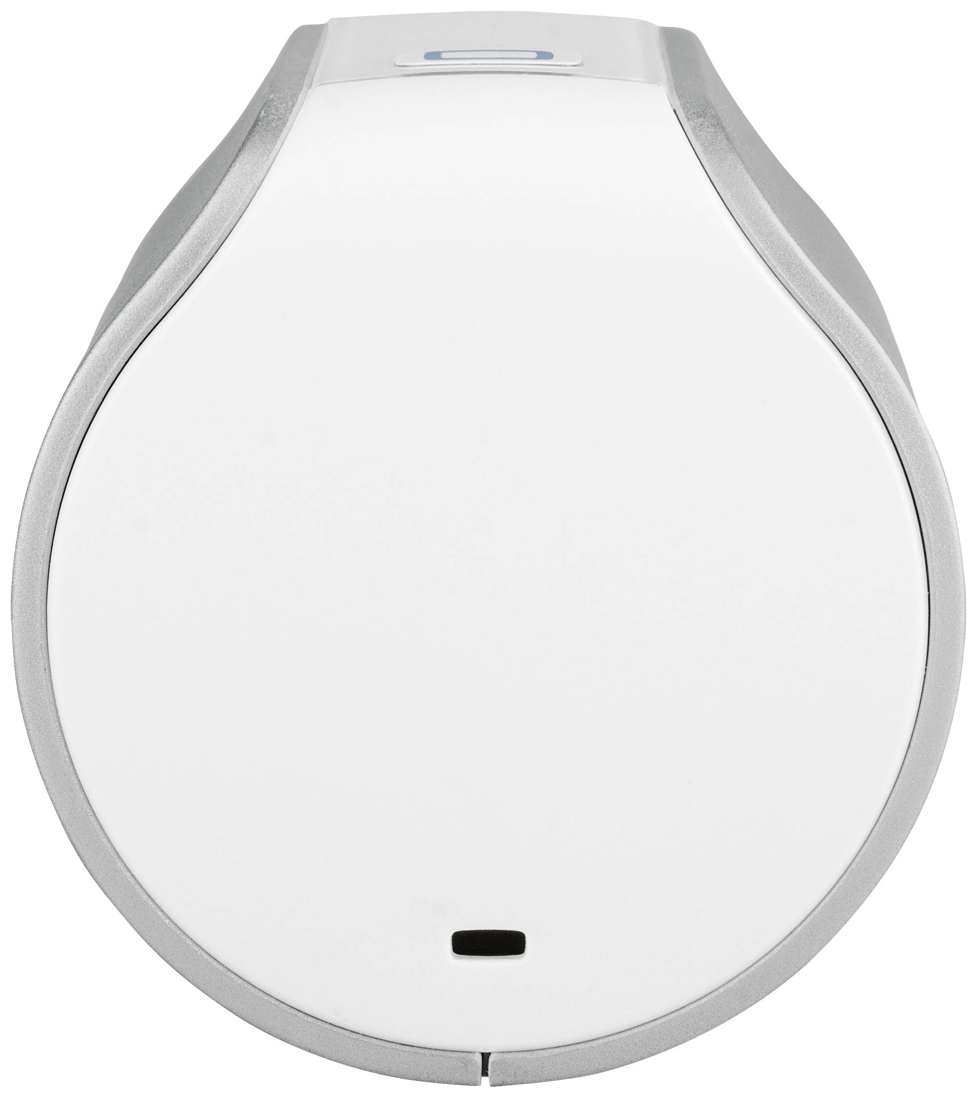 A silver, cylindrical electronic device with a white front view and a small black slot at the bottom.