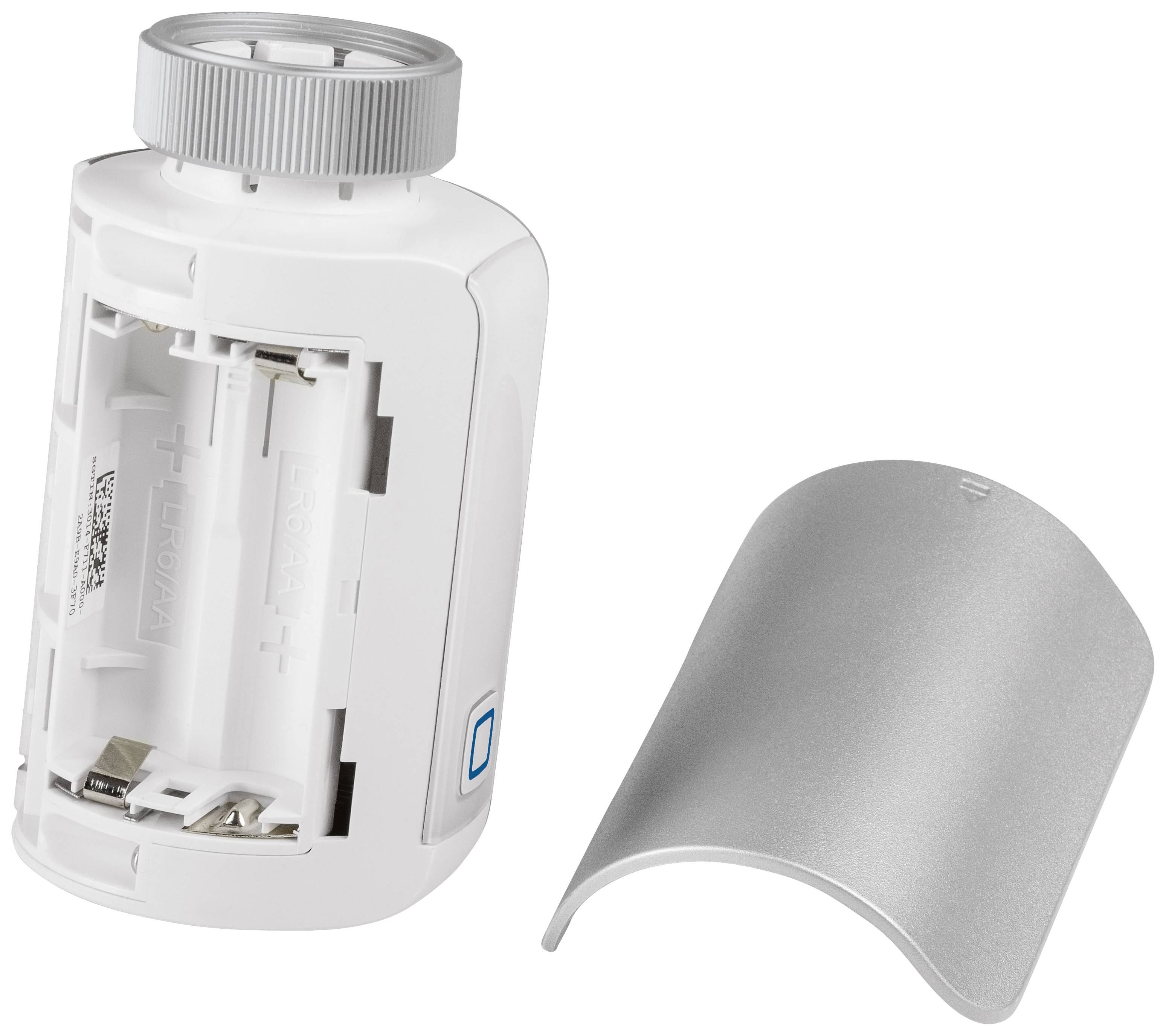 A digital radiator thermostat with an open battery compartment cover reveals the battery compartment area.