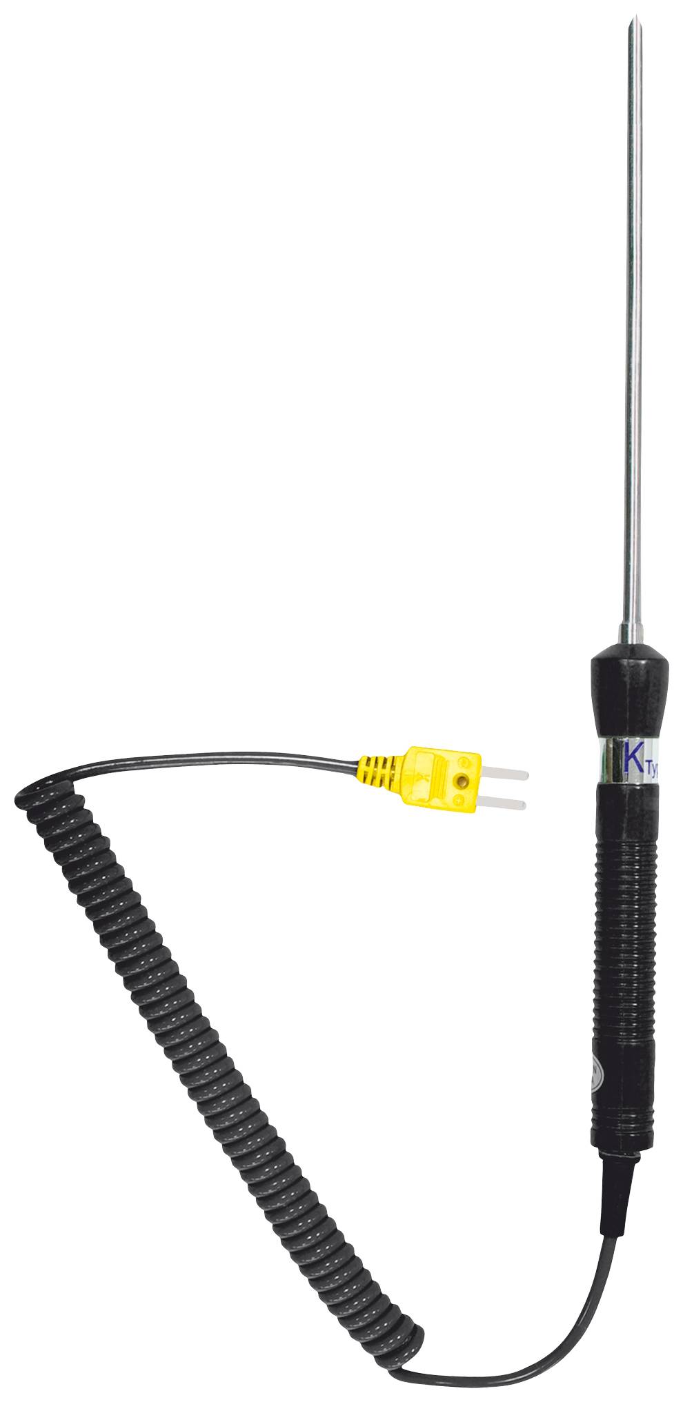 A digital temperature probe with a long, thin metal rod and spiral-coiled cable, suitable for precise temperature measurements.