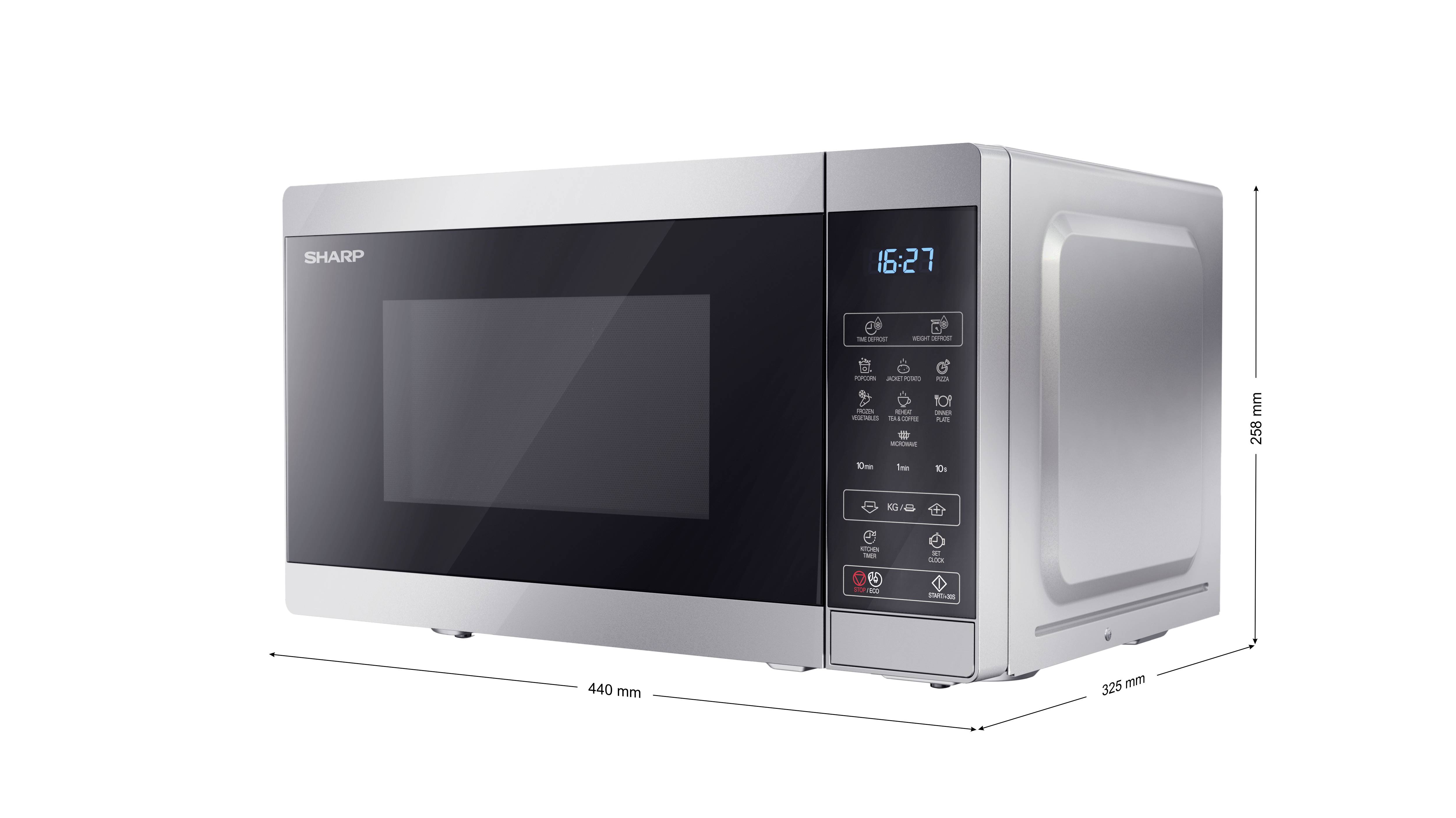 Silver Sharp microwave with digital display showing '16:27'. Side and width dimensions are 259 mm and 440 mm. Control buttons visible.