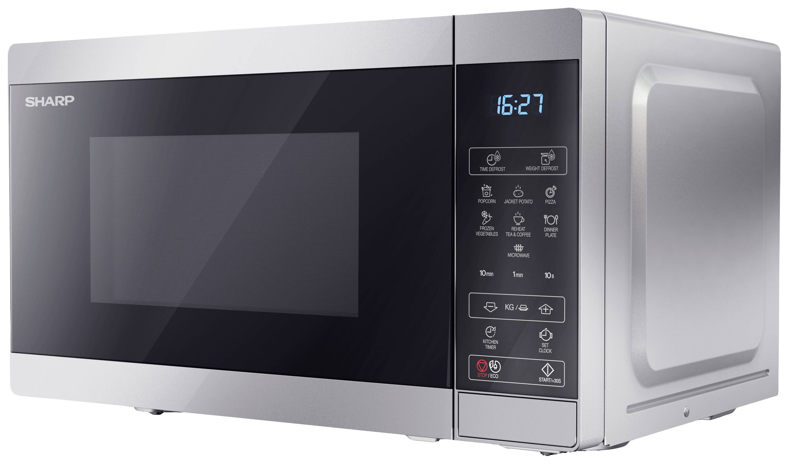 Silver microwave with a digital display on the right side, showing the time as 16:27. Various control buttons are visible underneath.