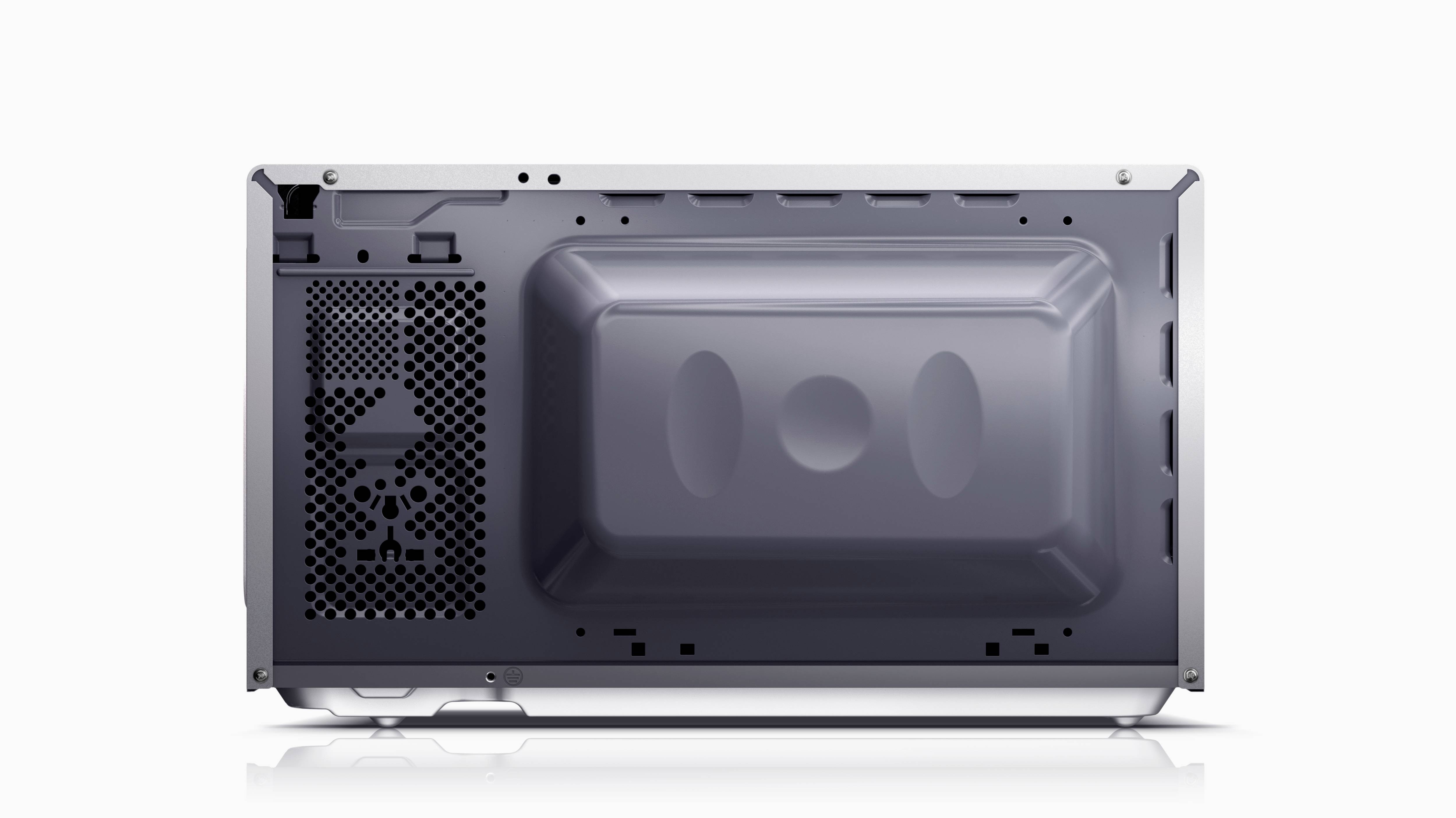 Rear view of a microwave oven, grey, showing ventilation grilles and cable connections.