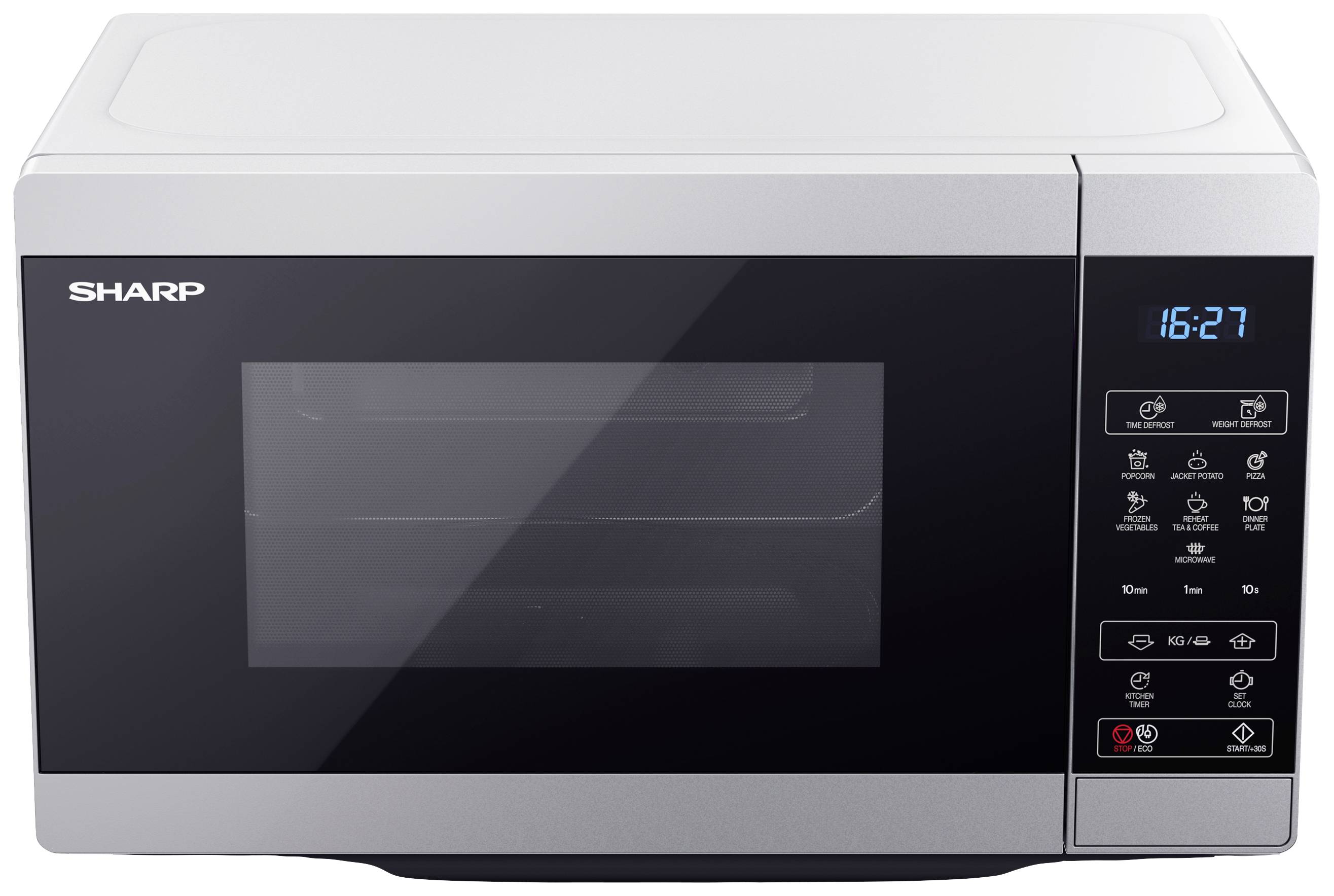 A silver microwave with a digital display shows '16:27'. The brand name is visible on the left.