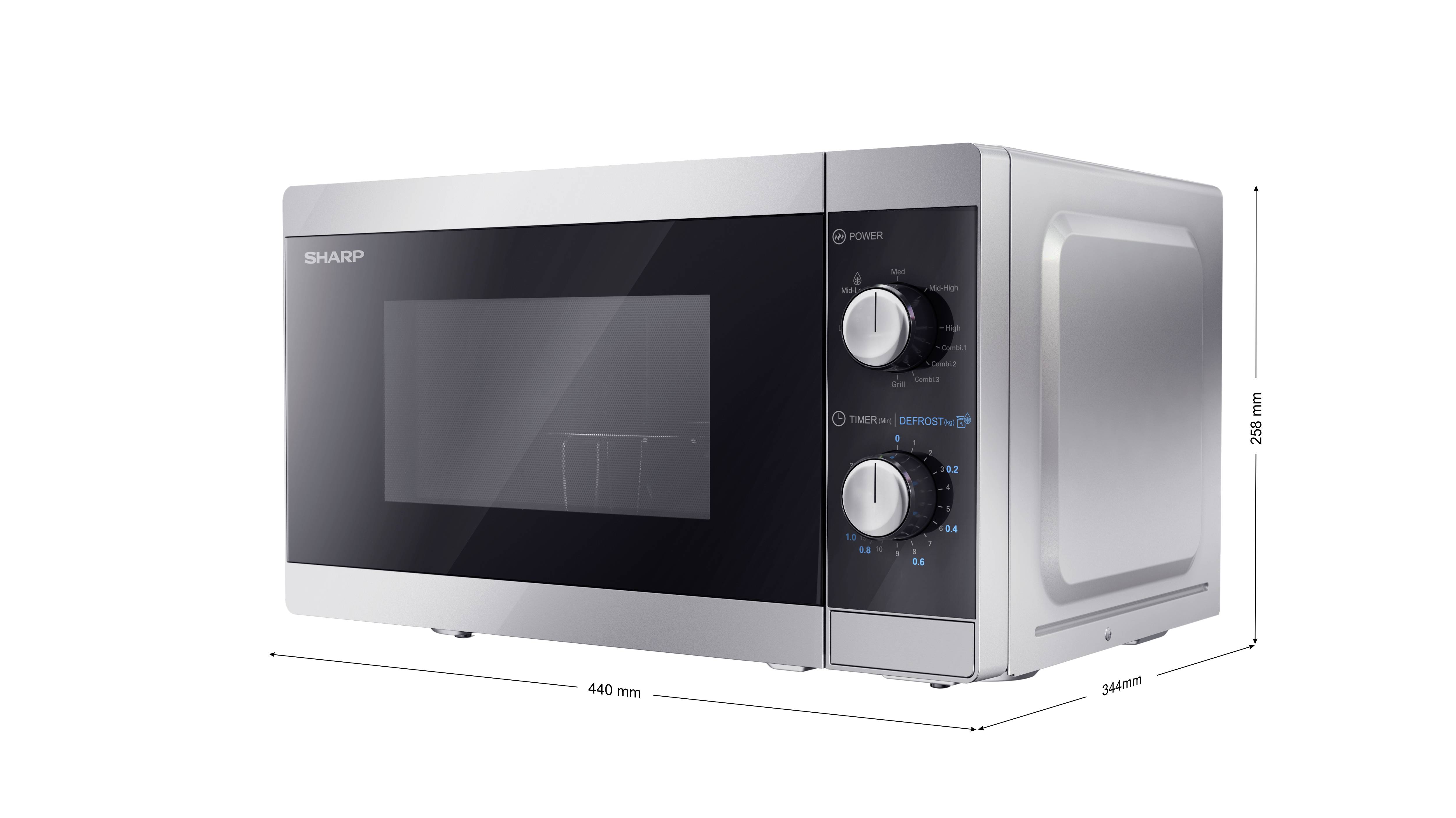Silver microwave with glass door, two control dials. Dimensions: Width 440 mm, Depth 358 mm, Height 258 mm.