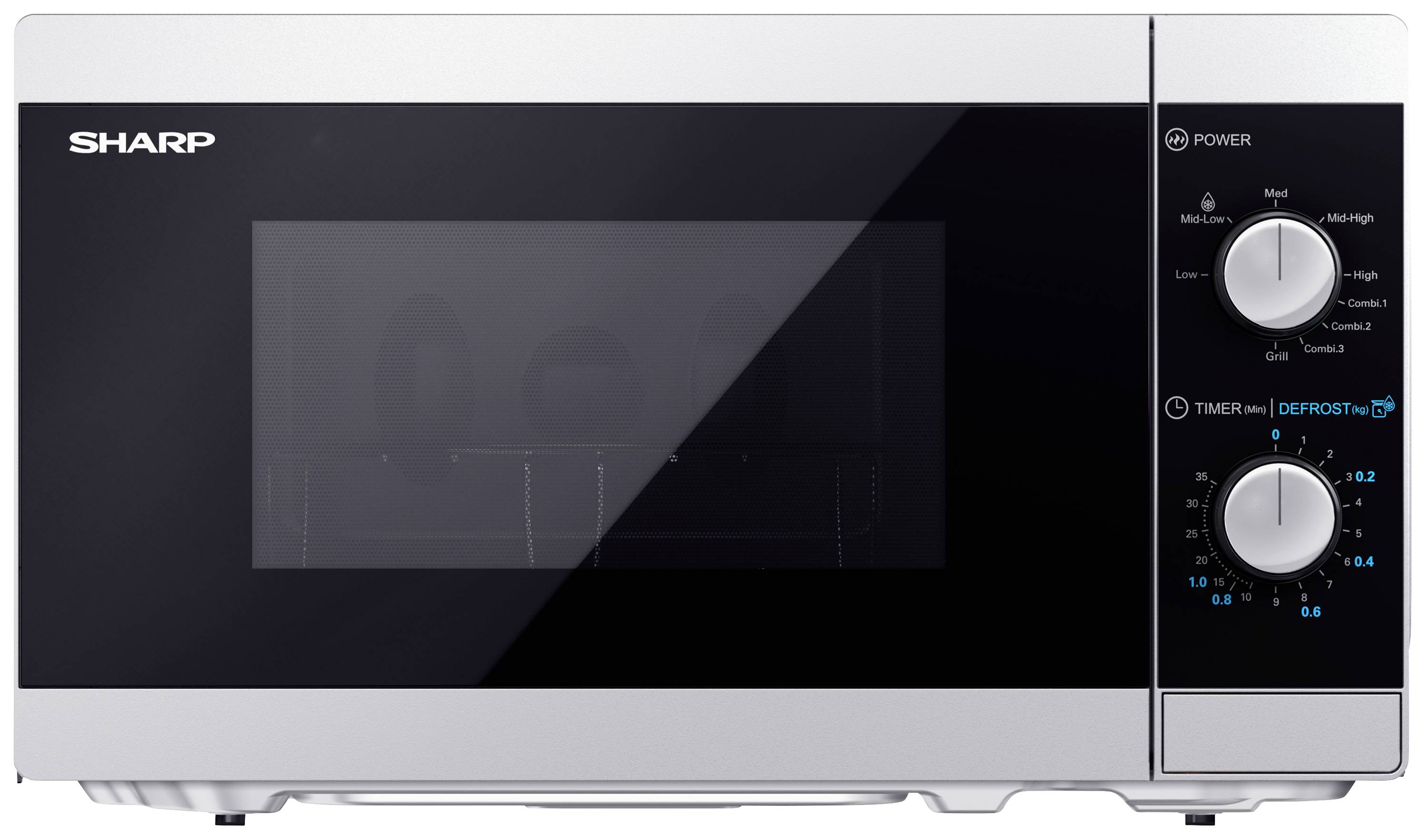 Silver microwave with a black window and controls on the side. Brand title in the top left corner.