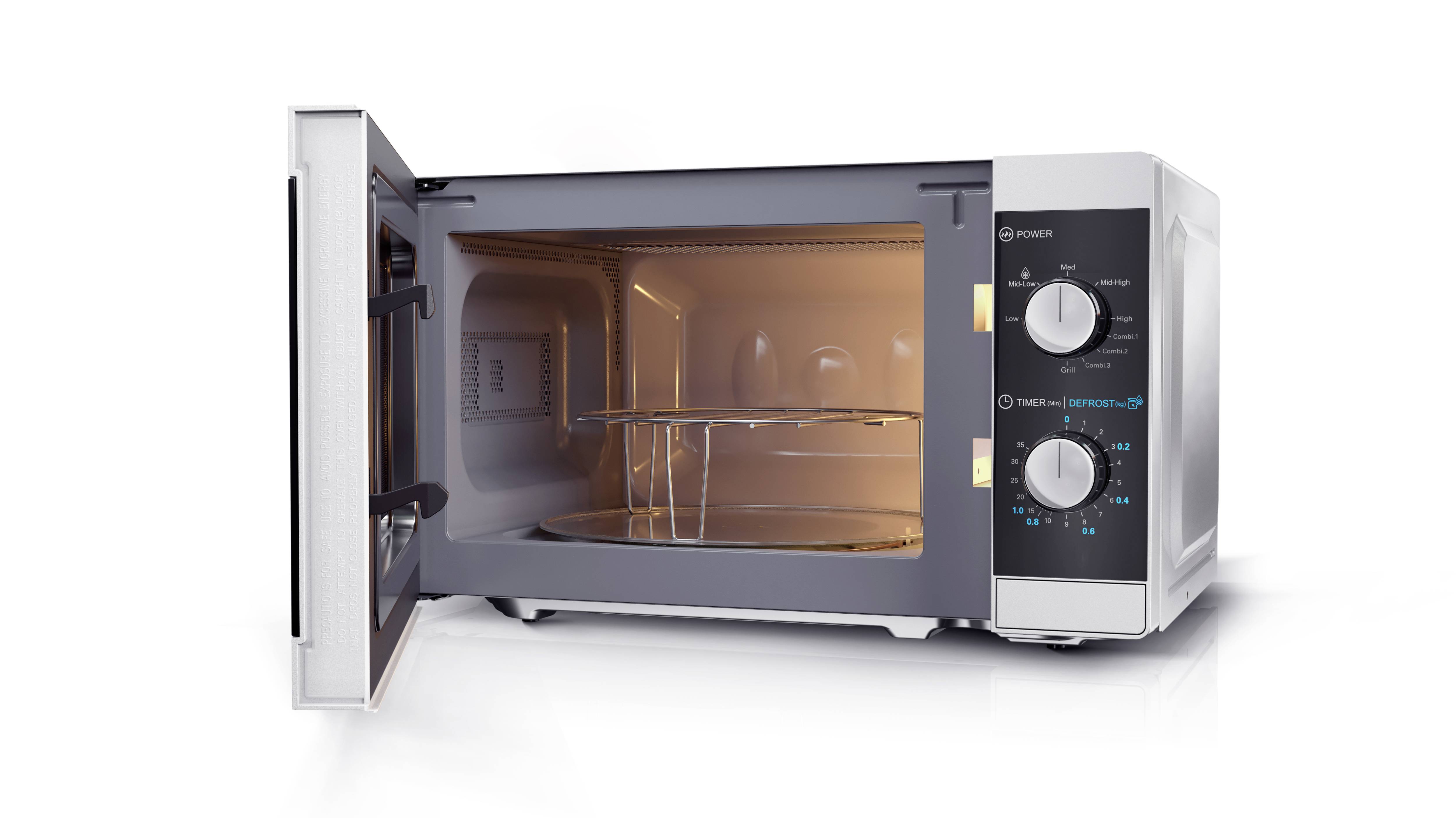 Microwave with open door, silver and white, two rotary knobs for temperature setting and timer, interior light visible.