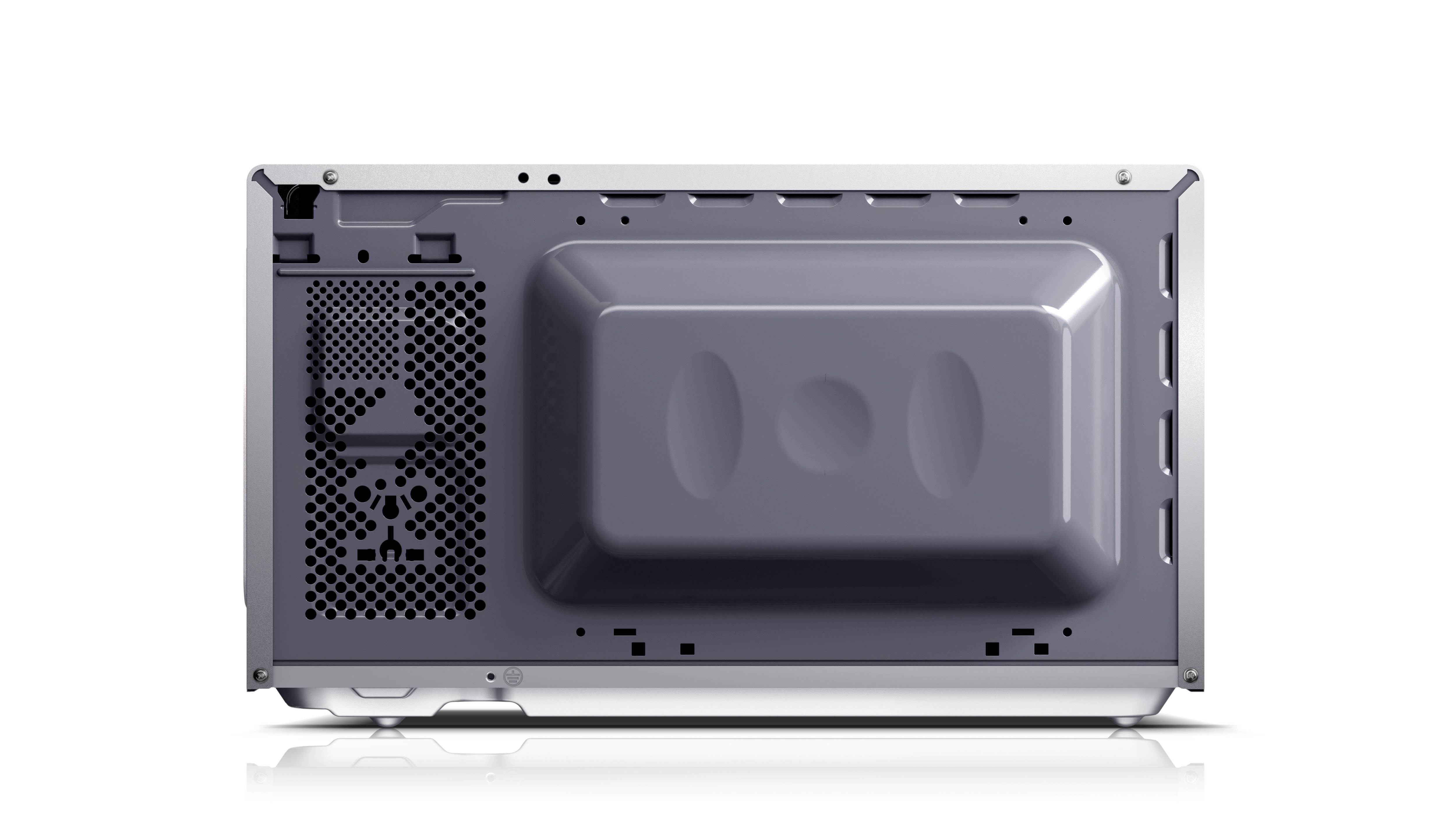 Rear view of a microwave with visible ventilation and connection points.