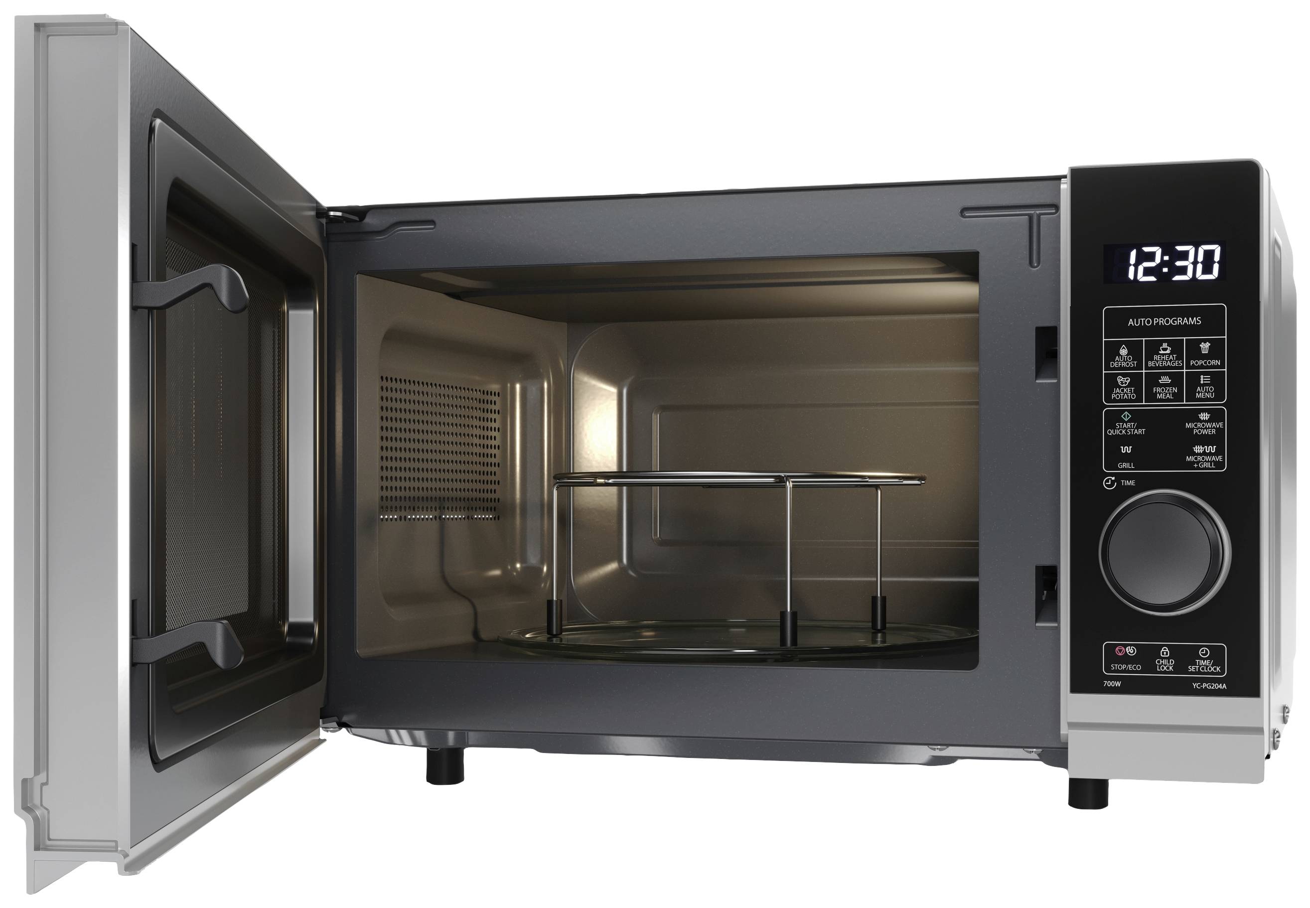 Microwave with an open door and illuminated interior. Digital display shows '12:30'. Control panel with multiple options visible.