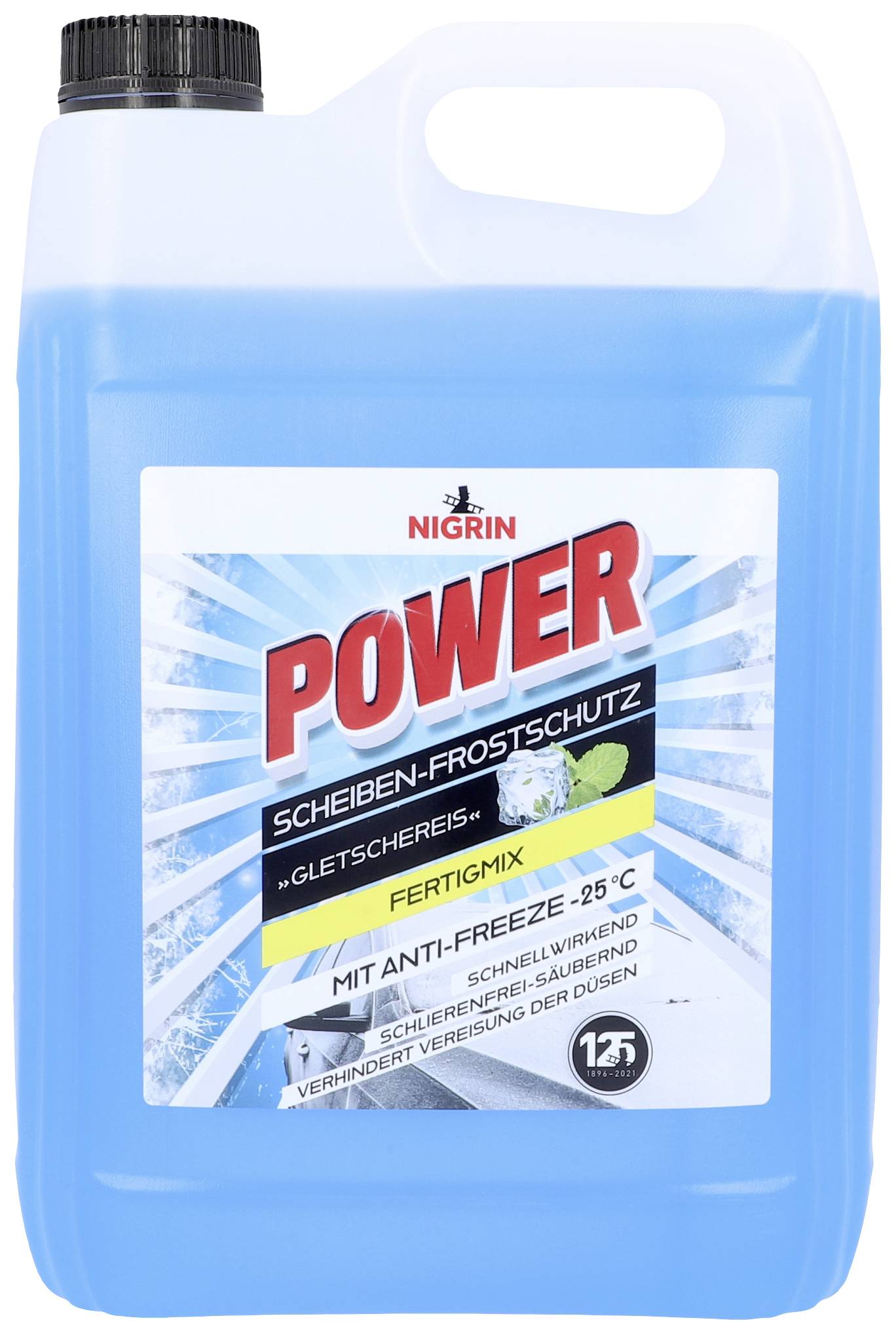 A jerry can of screen wash for cars, Nigrin brand, suitable down to -25°C. Ready to use with anti-freeze effect.