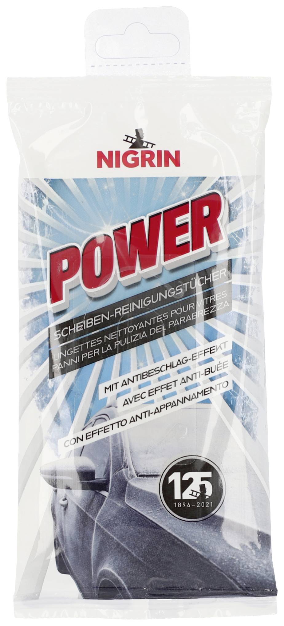 Packaging for Nigrin Power Window Cleaning Wipes with Anti-Mist Effect, 15 Wipes.