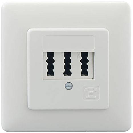 Telephone socket with three RJ11 ports in a white wall plate.