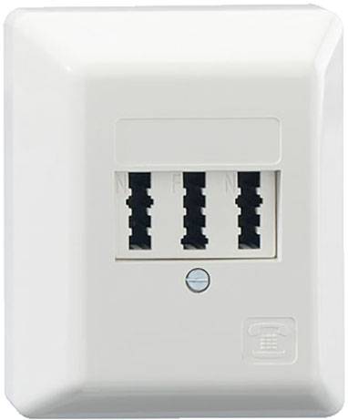 White telephone socket with three slots and telephone symbol in the bottom right corner.